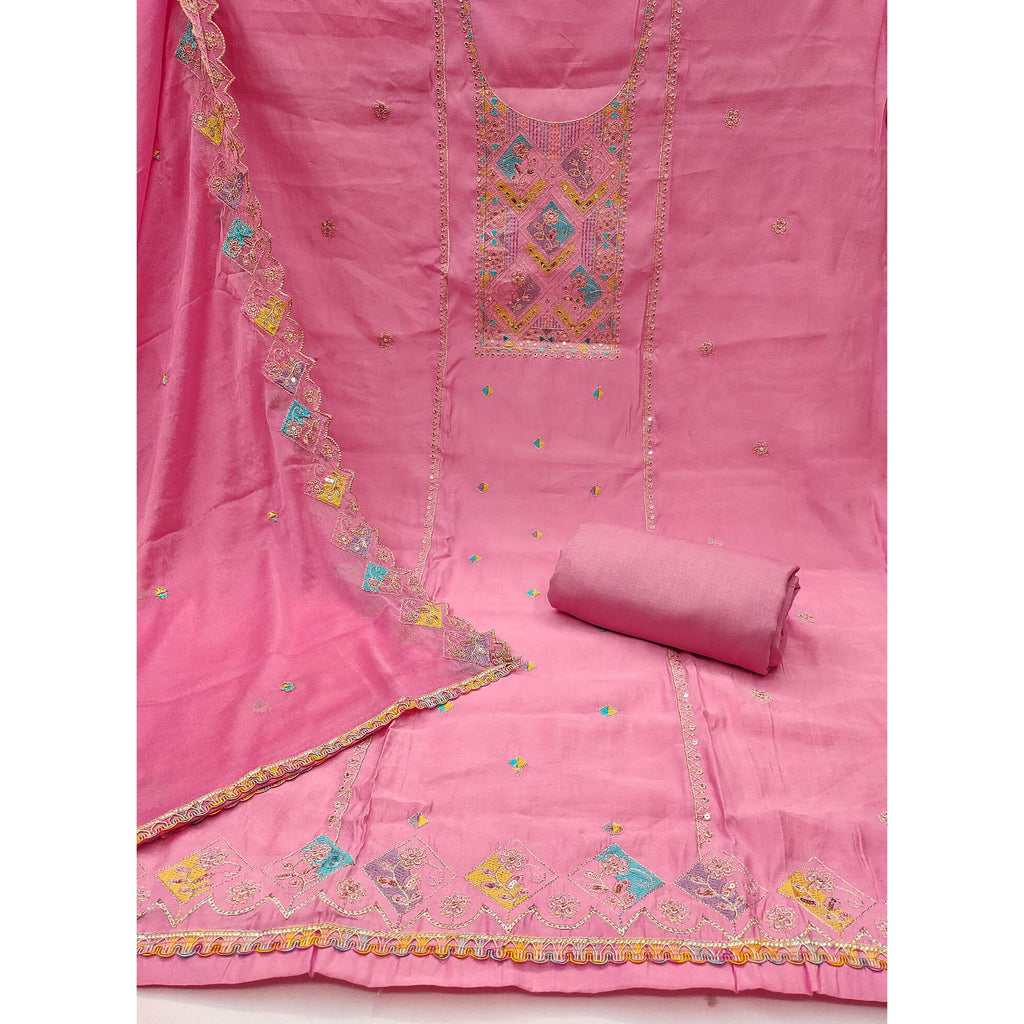 Pink Floral Embroidered Cotton Silk Dress Material With Glimmering Sequins Work