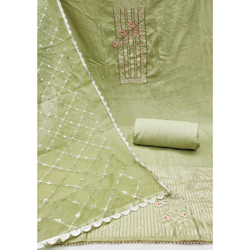 Green Woven With Intricate Moti Handwork Banarasi Cotton Dress Material