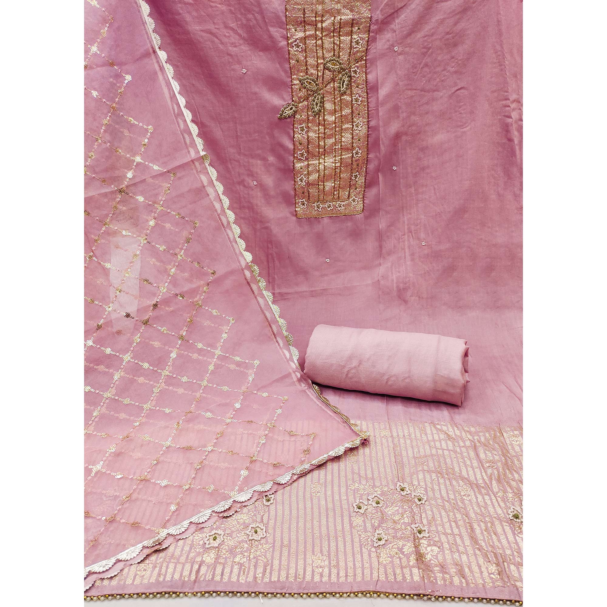 Peach Woven With Intricate Moti Handwork Banarasi Cotton Dress Material