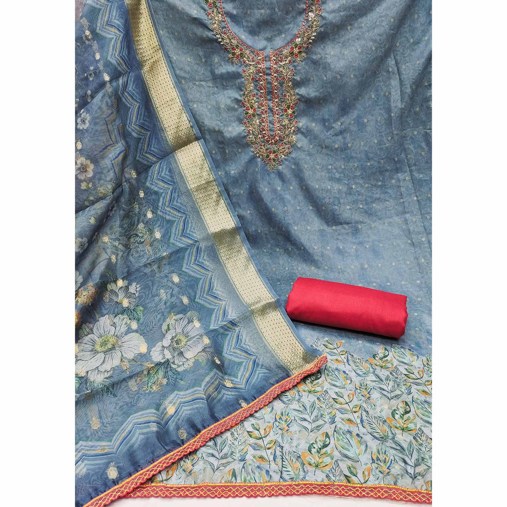 Blue Digital Printed Cotton Silk Dress Material With Intricate Moti & Sequins Handwork