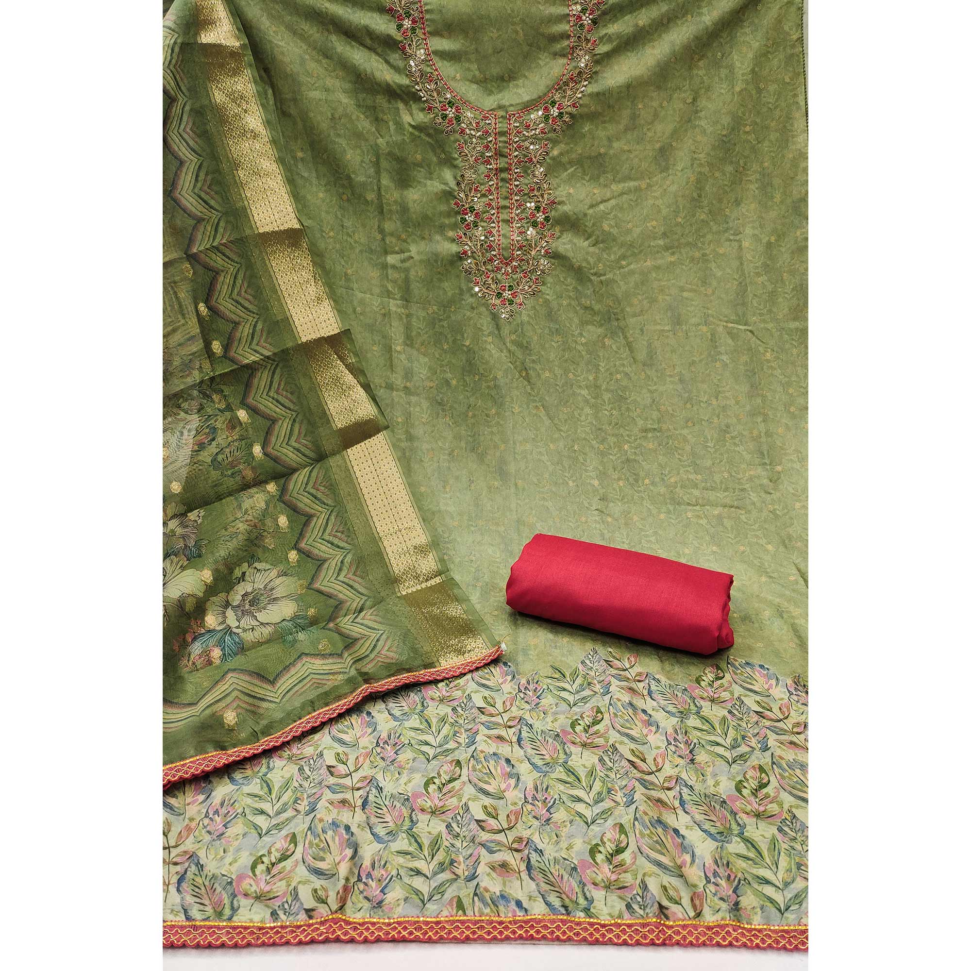 Green Digital Printed Cotton Silk Dress Material With Intricate Moti & Sequins Handwork