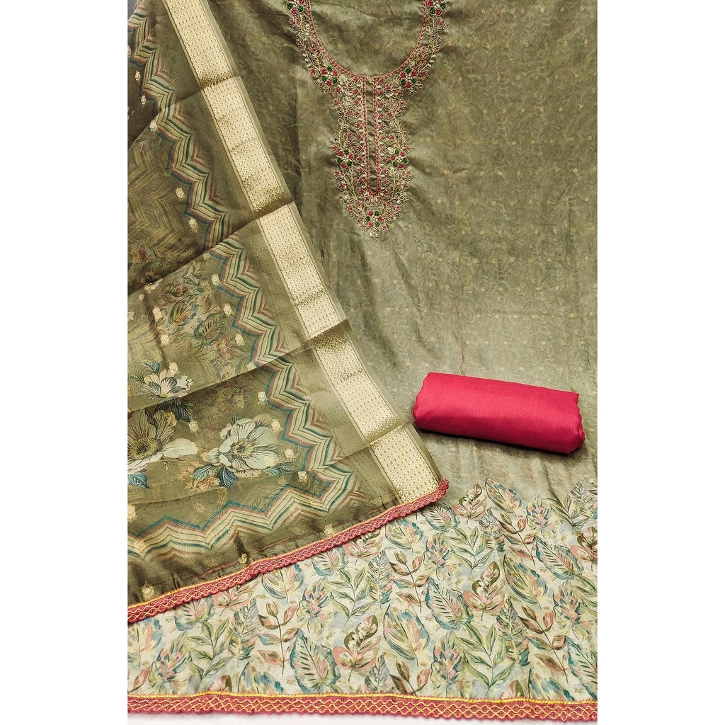 Olive Digital Printed Cotton Silk Dress Material With Intricate Moti & Sequins Handwork