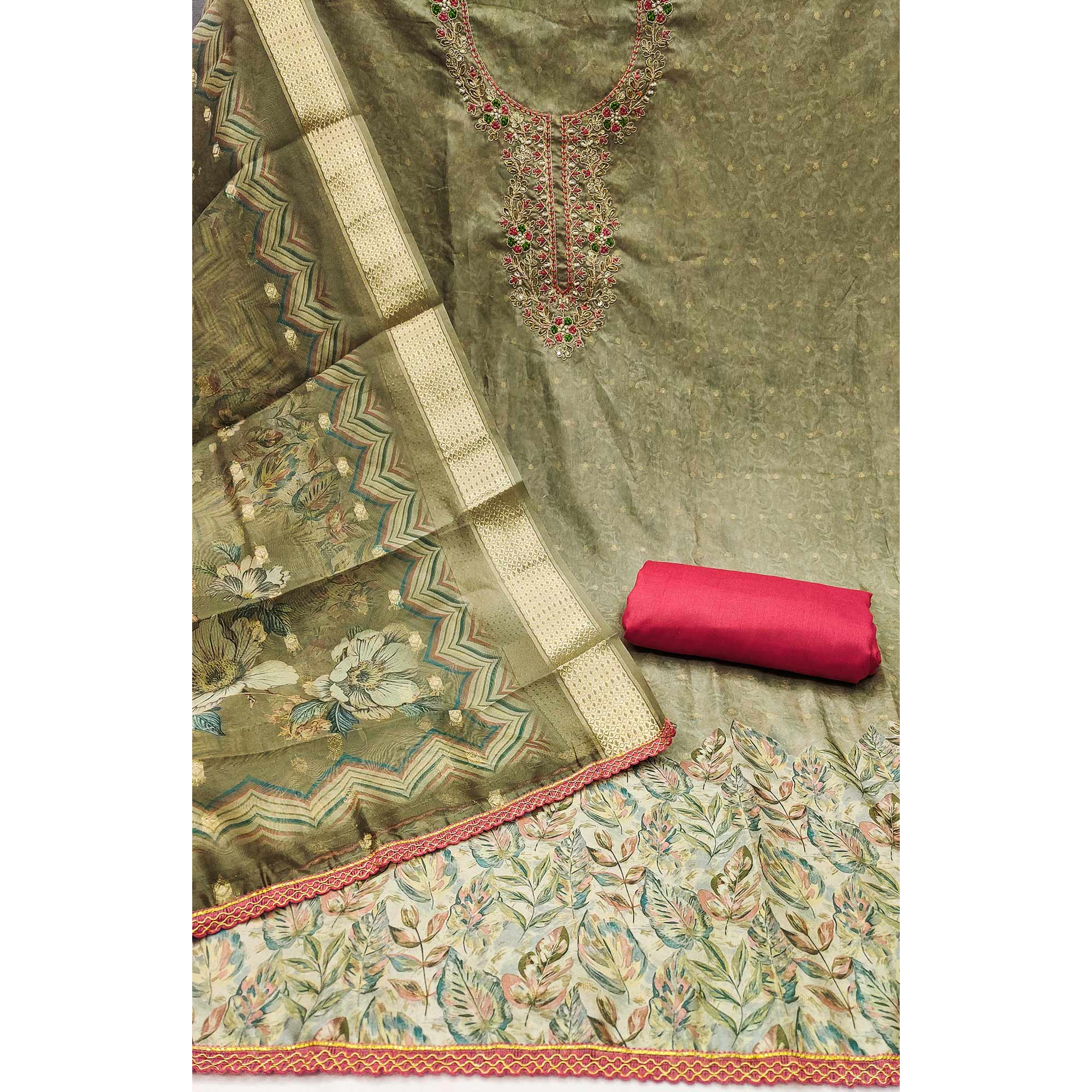 Olive Digital Printed Cotton Silk Dress Material With Intricate Moti & Sequins Handwork