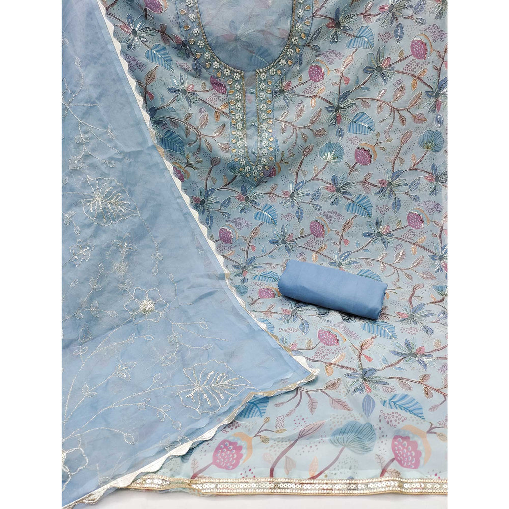 Blue Floral Elegance Dress Material With Handwork & Sequins On Organza