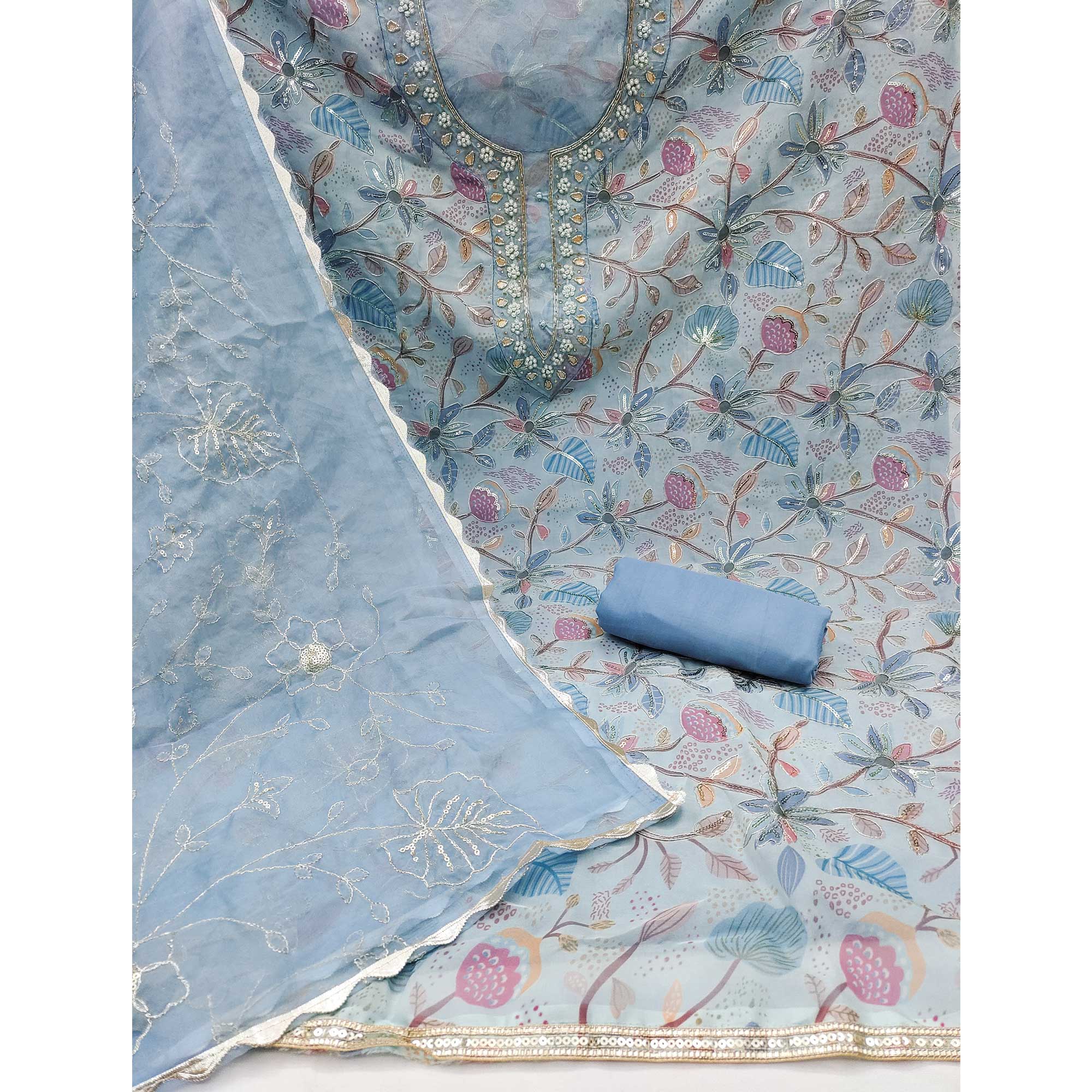 Blue Floral Elegance Dress Material With Handwork & Sequins On Organza