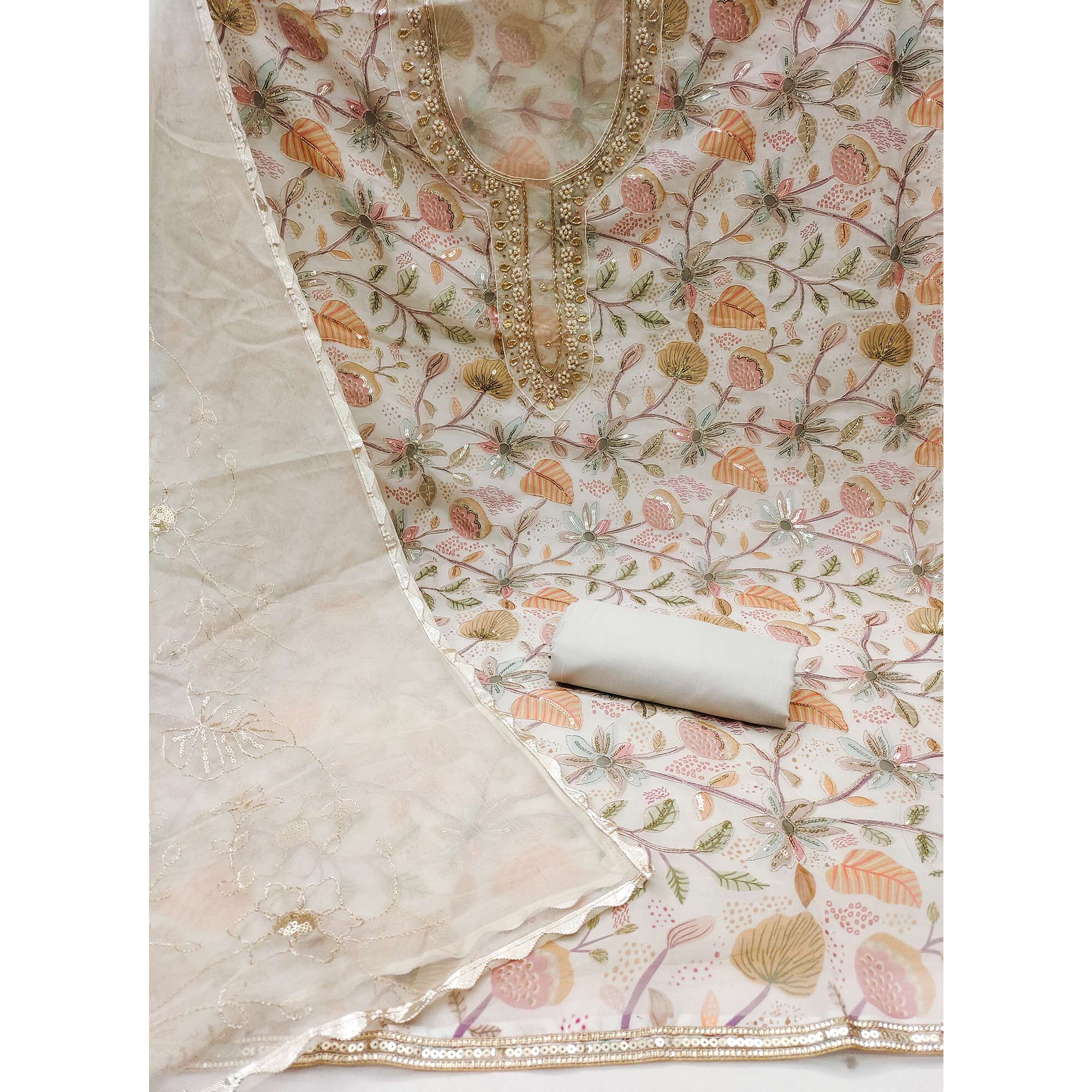 Cream Floral Elegance Dress Material With Handwork & Sequins On Organza