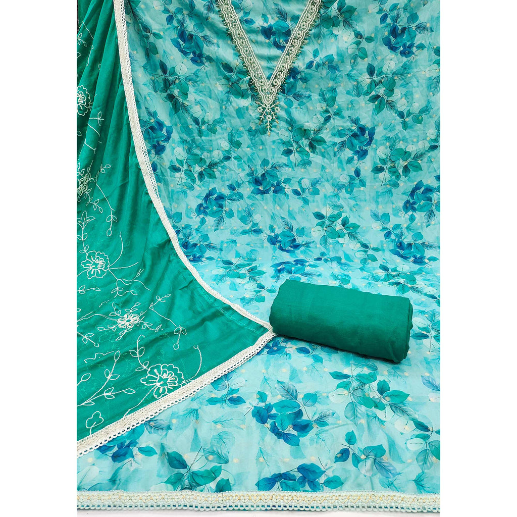 Blue Banarasi Silk Dress Material With Digital Print & Moti Handwork