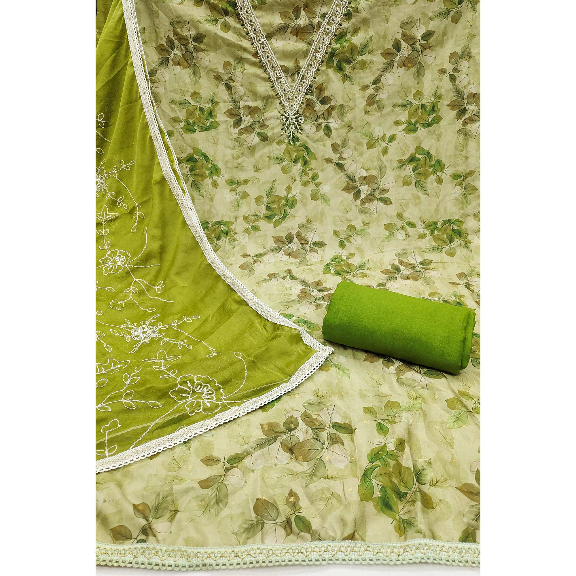 Green Banarasi Silk Dress Material With Digital Print & Moti Handwork