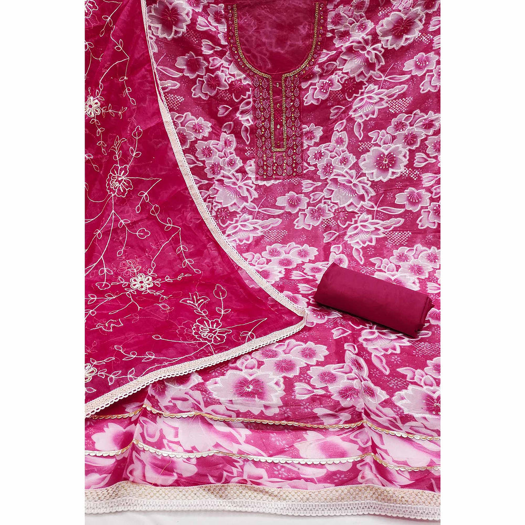 Pink Delicate Floral Sequins & Hand Embellishments On Flowing Organza Dress Material