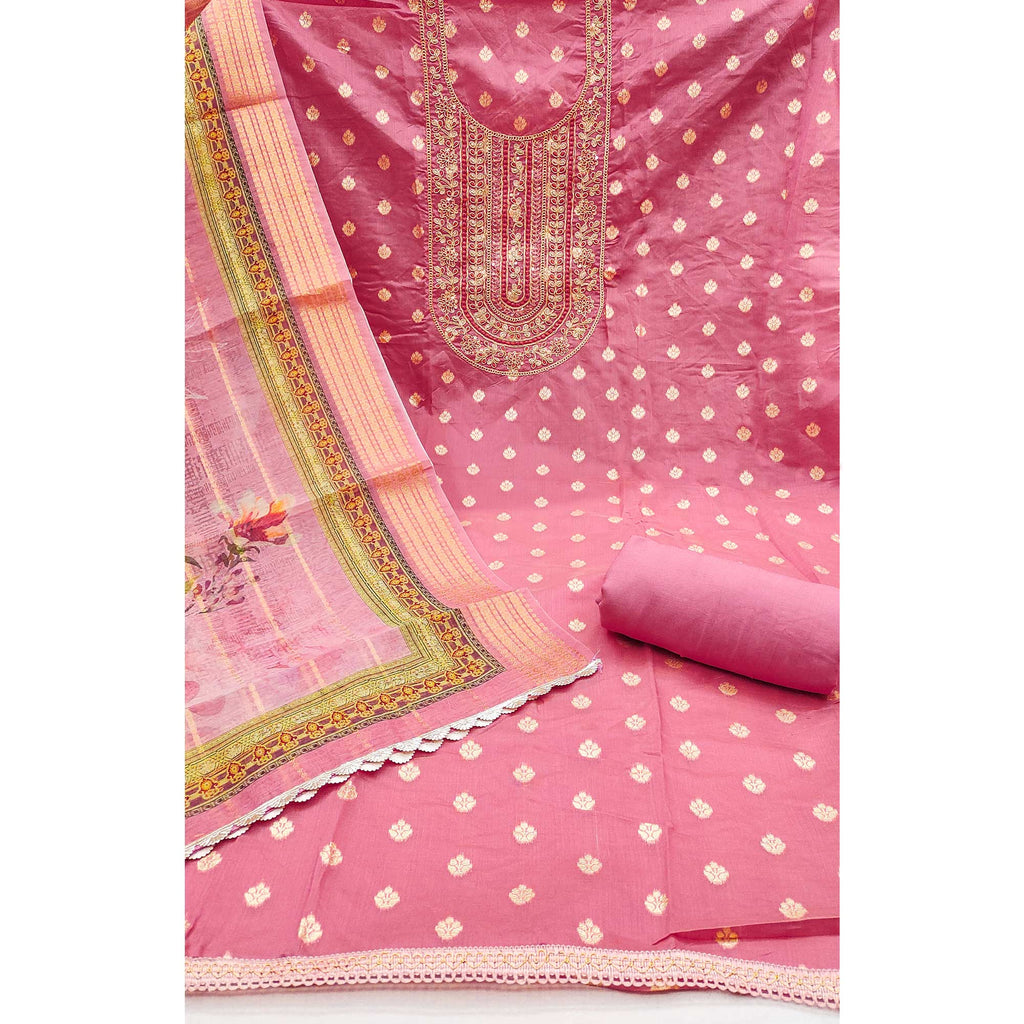 Gajari Pink Woven Banarasi Cotton Silk Dress Material Accented With Sequins Embroidery
