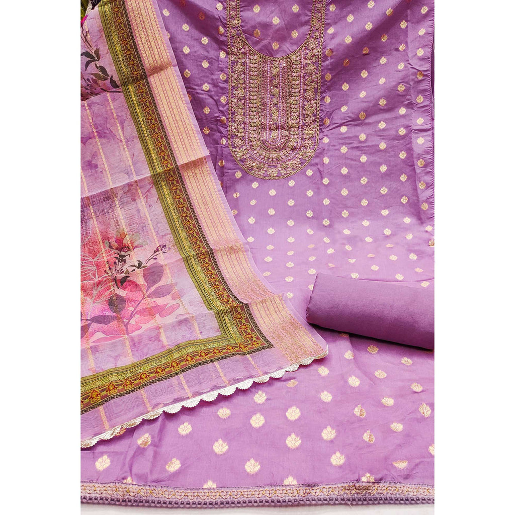 Lavender Woven Banarasi Cotton Silk Dress Material Accented With Sequins Embroidery