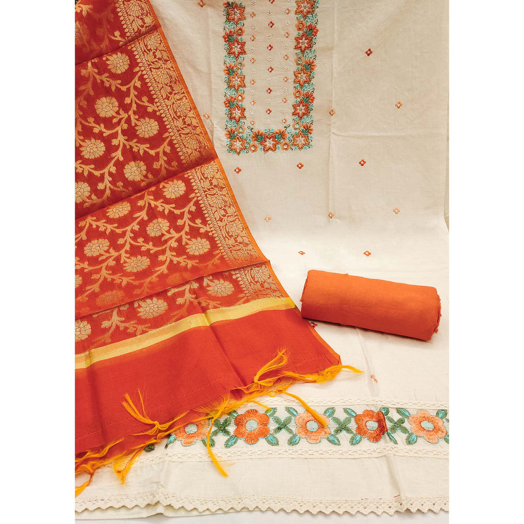 Floral Sequins Embroidered Cream & Orange Pure Cotton Dress Material With Delicate Handwork