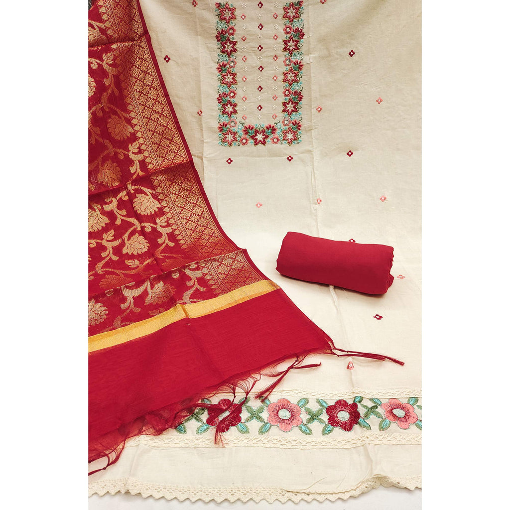 Floral Sequins Embroidered Cream & Red Pure Cotton Dress Material With Delicate Handwork