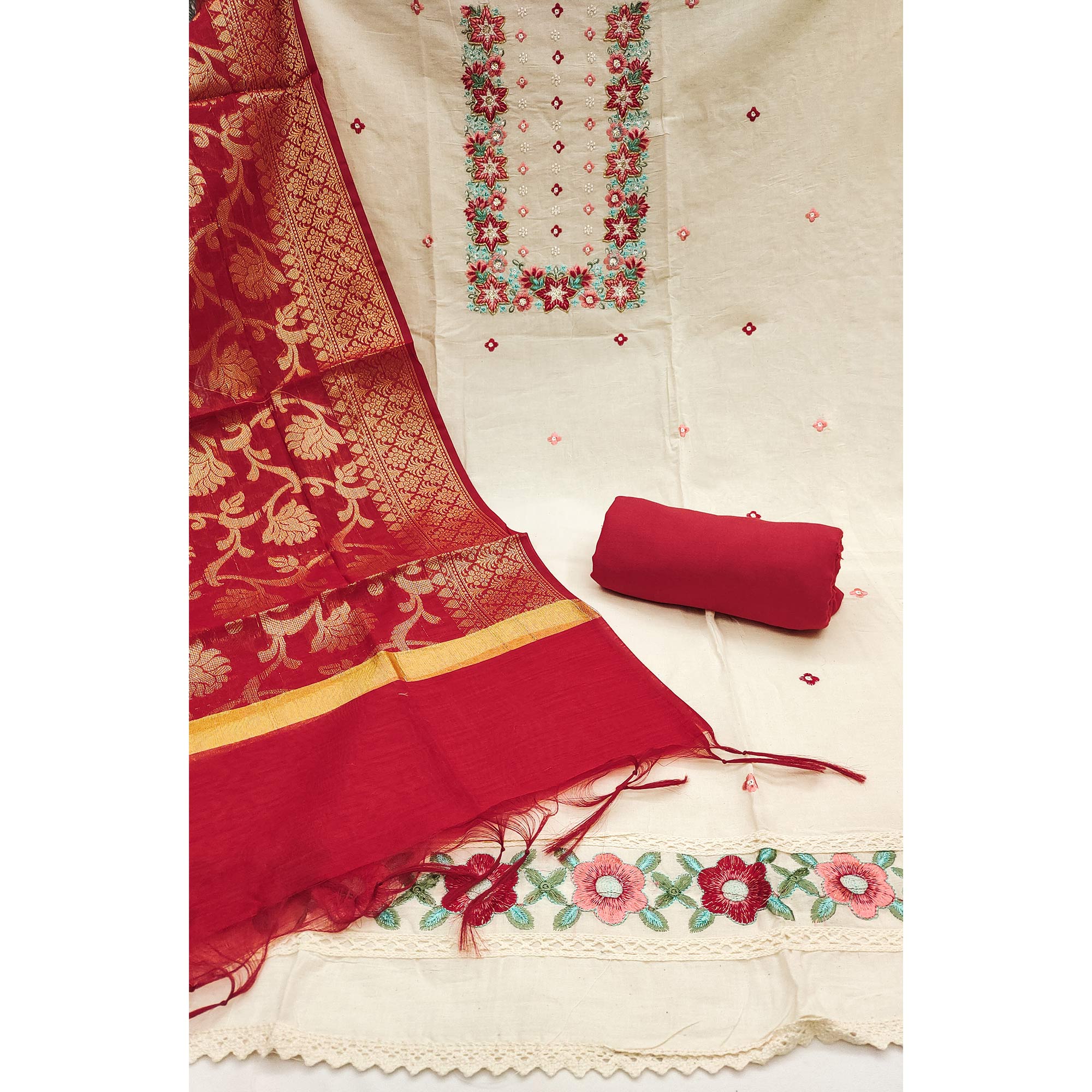 Floral Sequins Embroidered Cream & Red Pure Cotton Dress Material With Delicate Handwork