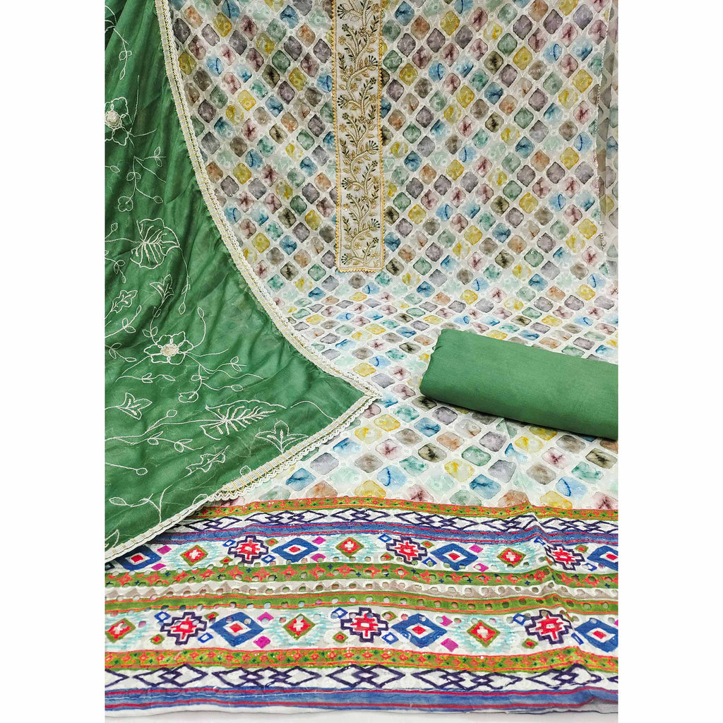 Green Digital Printed With Sequins Embroidery & Handwork Pure Cotton Dress Material