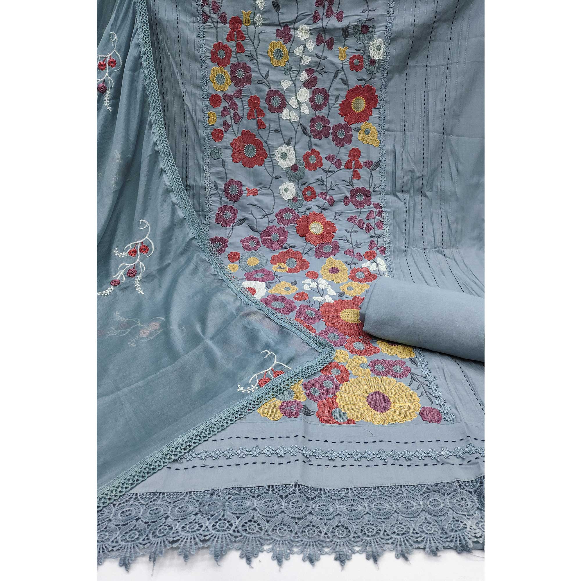 Grey Roman Cotton Silk Dress Material Adorned With Elegant Floral Thread Embroidered Work