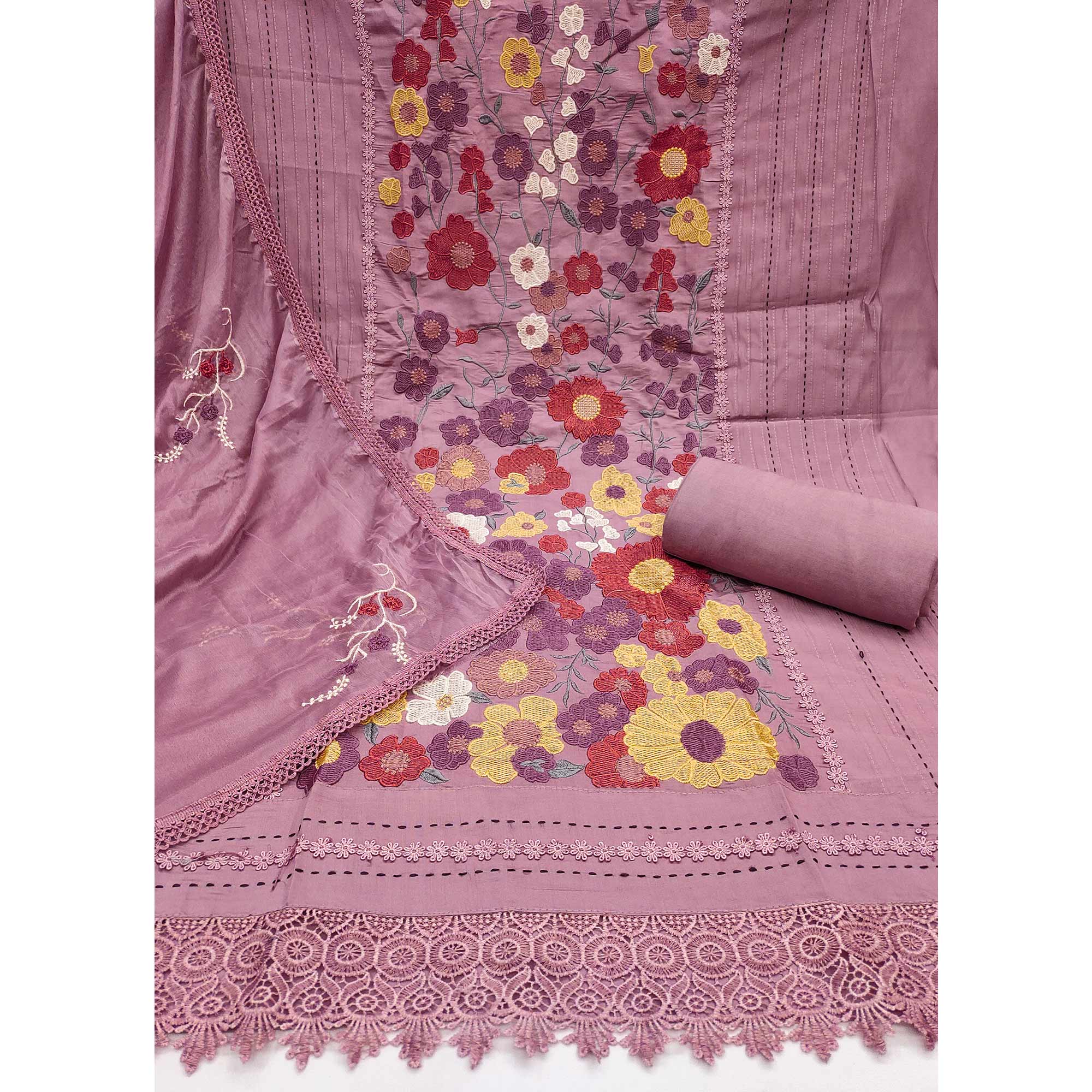 Mauve Roman Cotton Silk Dress Material Adorned With Elegant Floral Thread Embroidered Work
