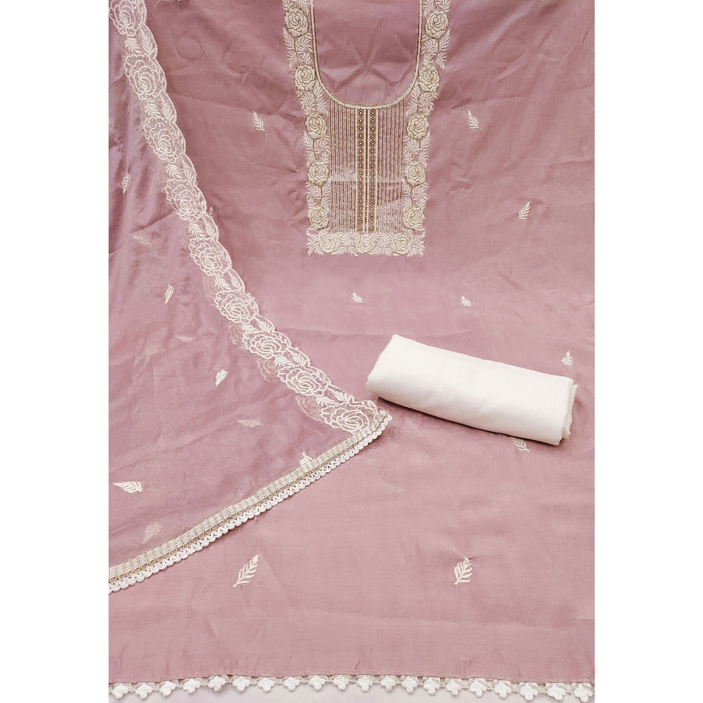 Dusty Mauve Cotton Silk Dress Material Embellished With Floral Embroidery & Intricate Handwork