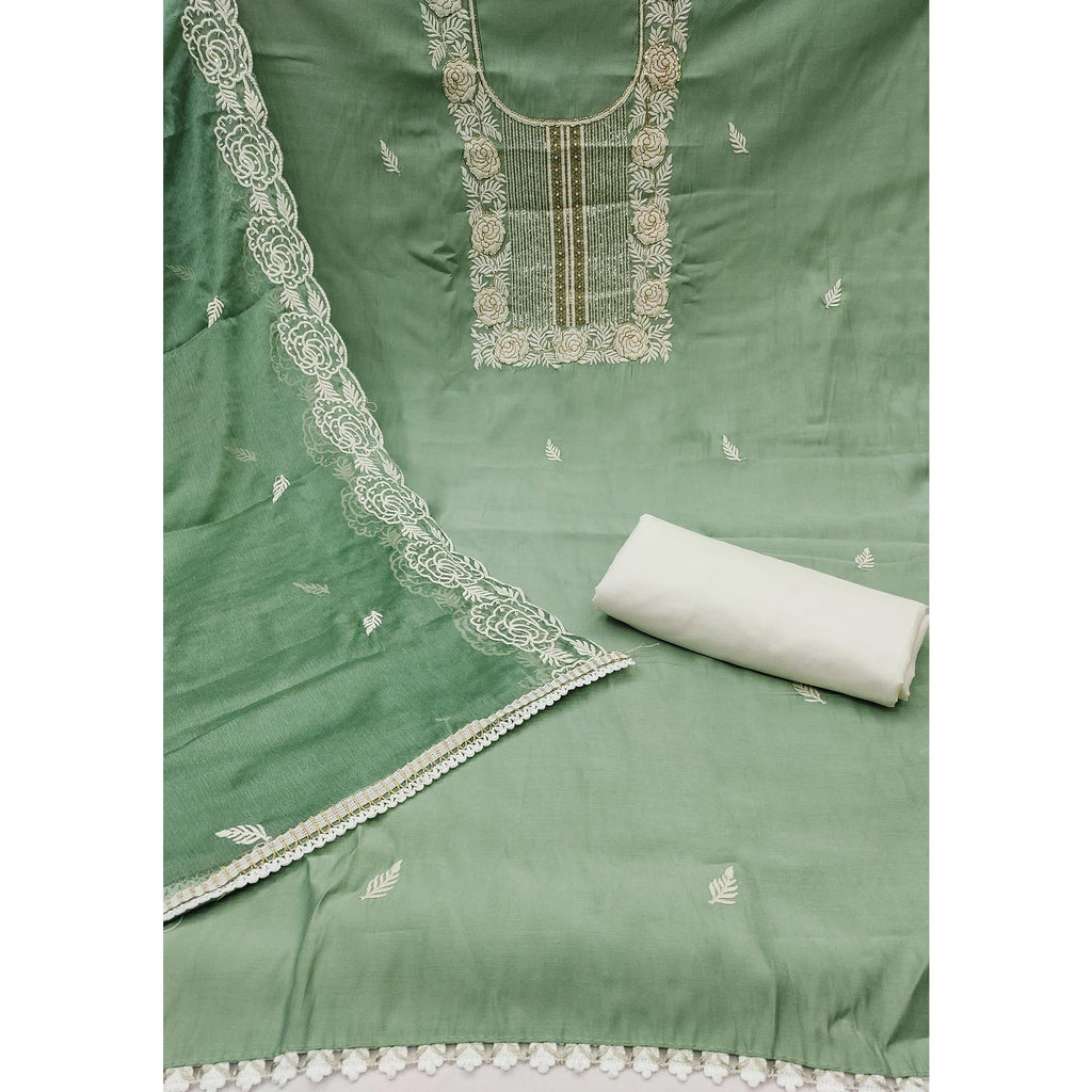 Green Cotton Silk Dress Material Embellished With Floral Embroidery & Intricate Handwork