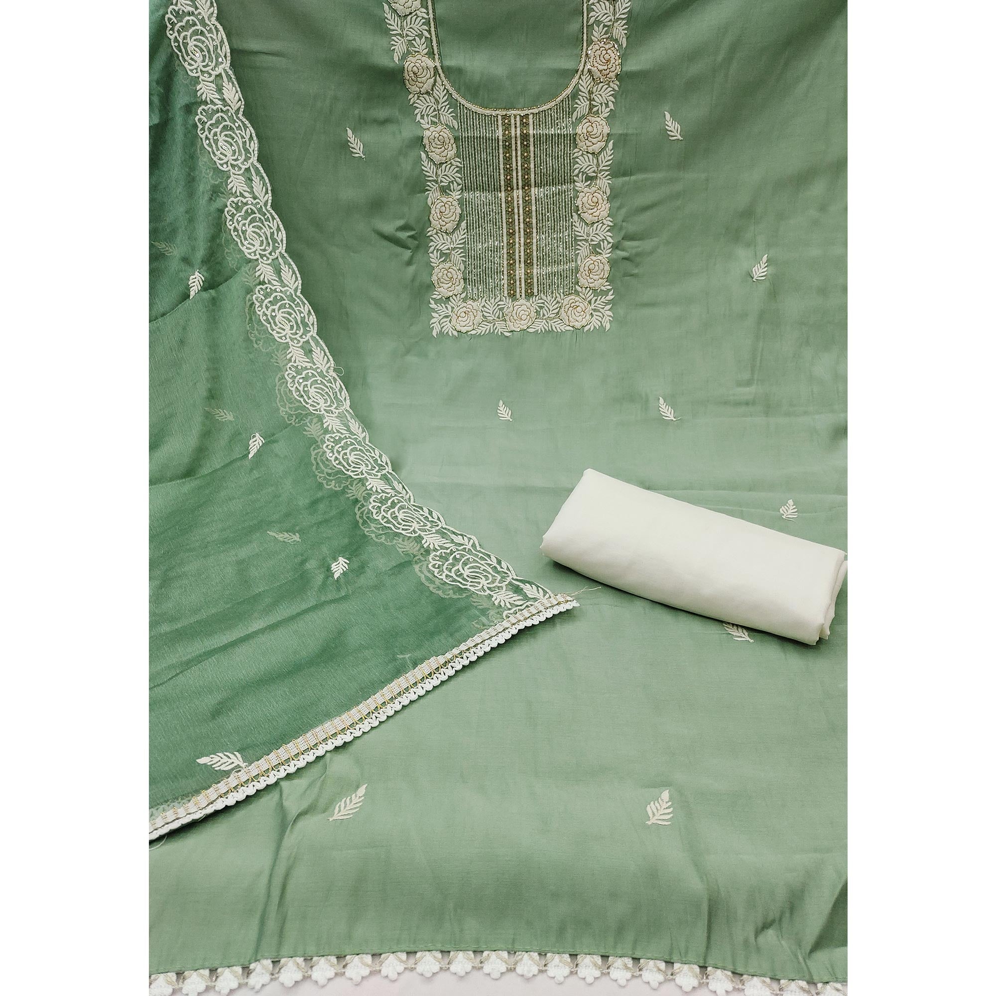 Green Cotton Silk Dress Material Embellished With Floral Embroidery & Intricate Handwork