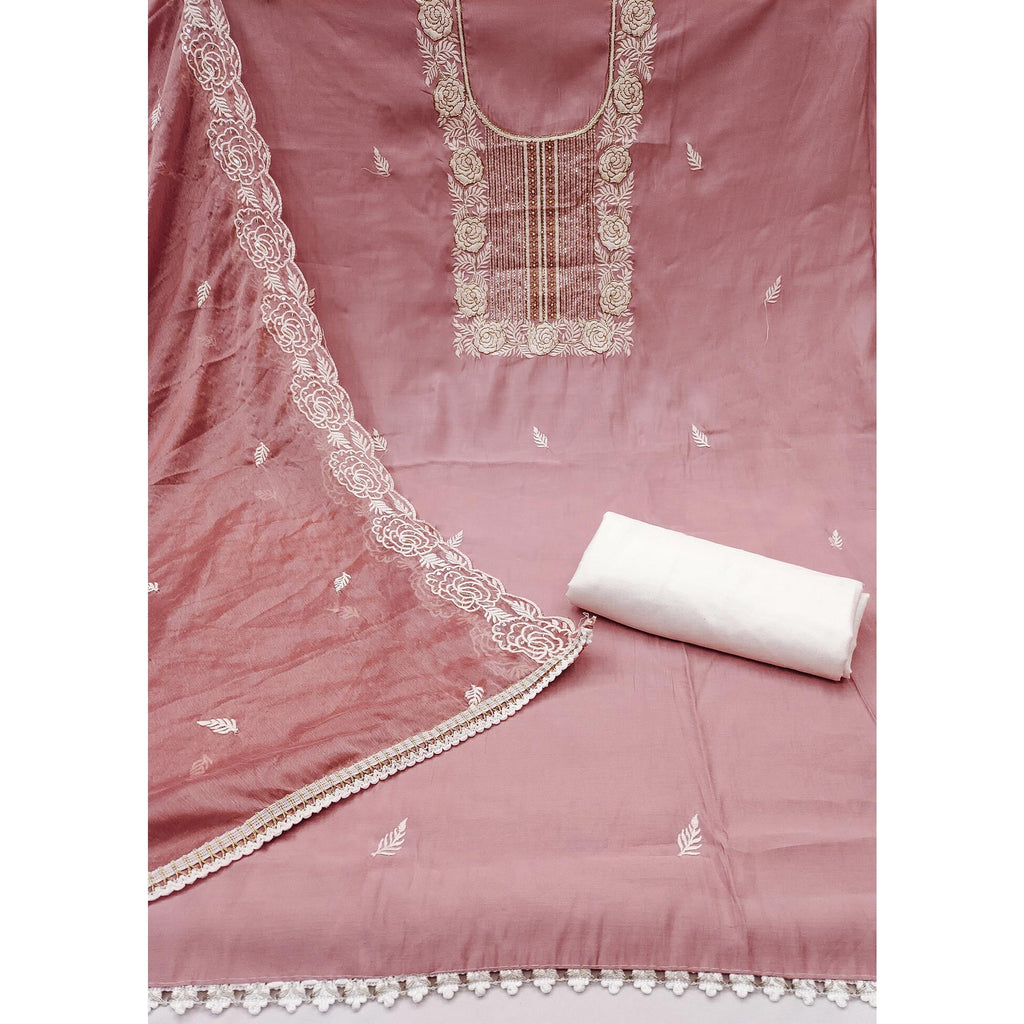 Peach Cotton Silk Dress Material Embellished With Floral Embroidery & Intricate Handwork