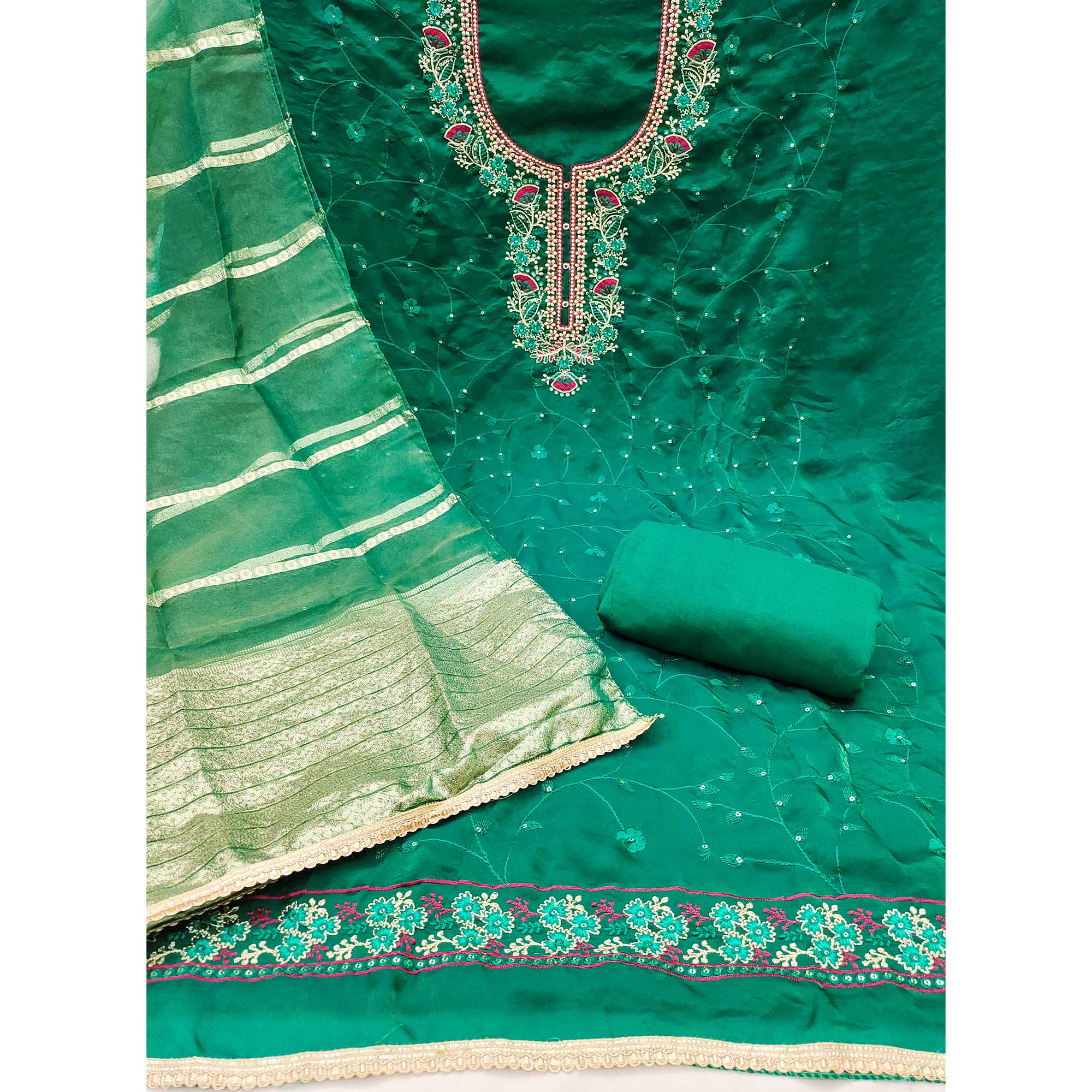 Green Georgette Silk Dress Material Beautified With Floral Sequins Embroidery