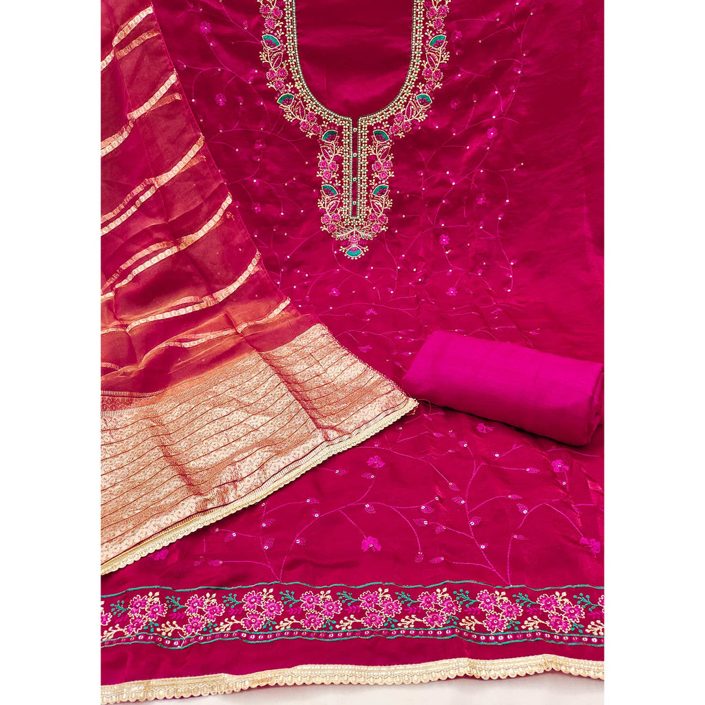 Pink Georgette Silk Dress Material Beautified With Floral Sequins Embroidery