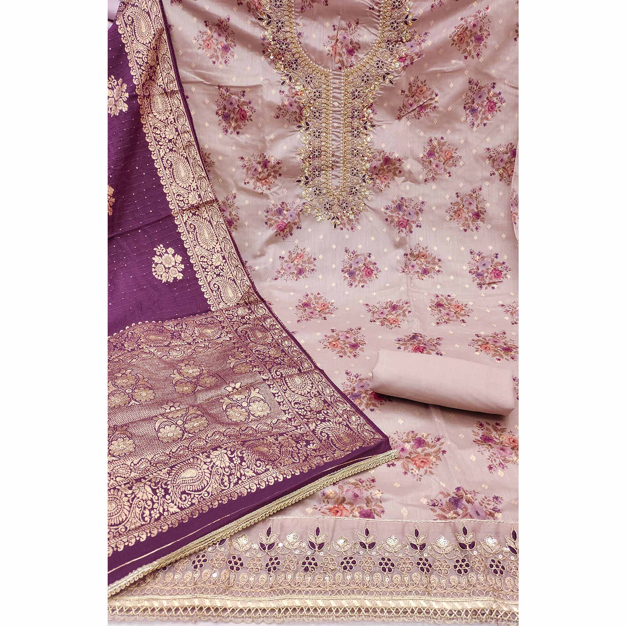 Dusty Mauve Chanderi Silk Dress Material Adorned With Floral Sequins Embroidery & Moti Handwork