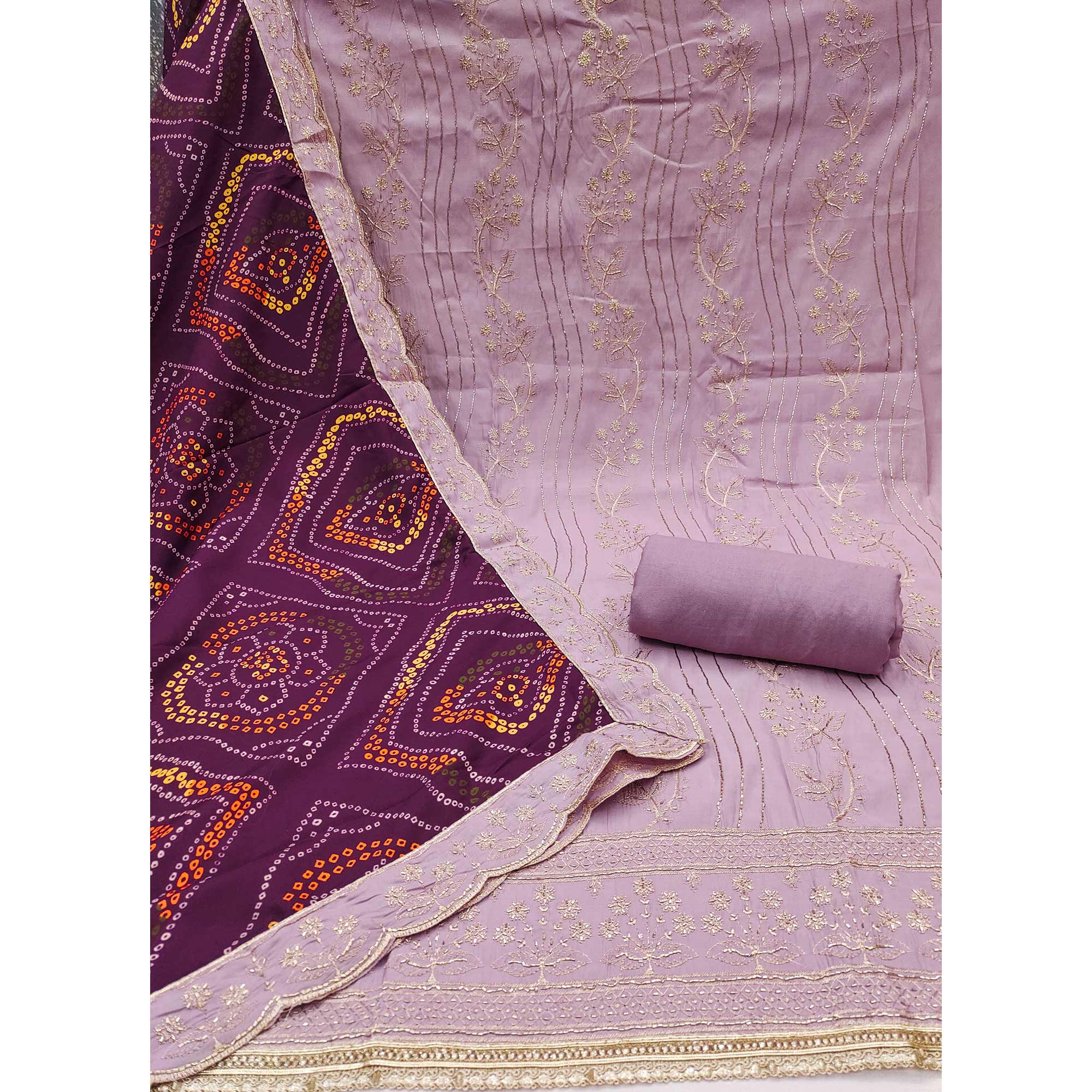 Lavender Cotton Silk Dress Material Embellished With Elegant Floral Hand Embroidery Work