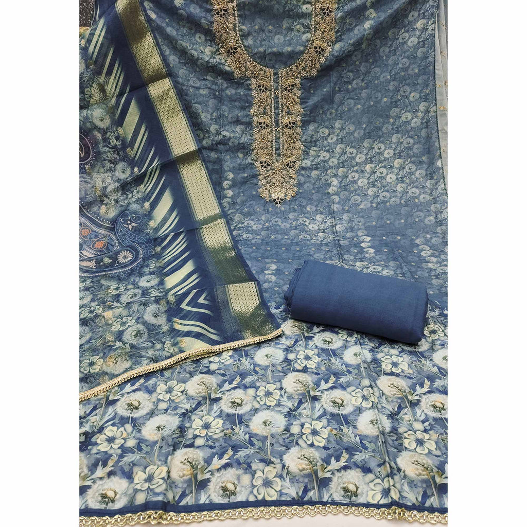 Blue Banarasi Cotton Blend Dress Material With Floral Digital Print & Elegant Moti Handwork