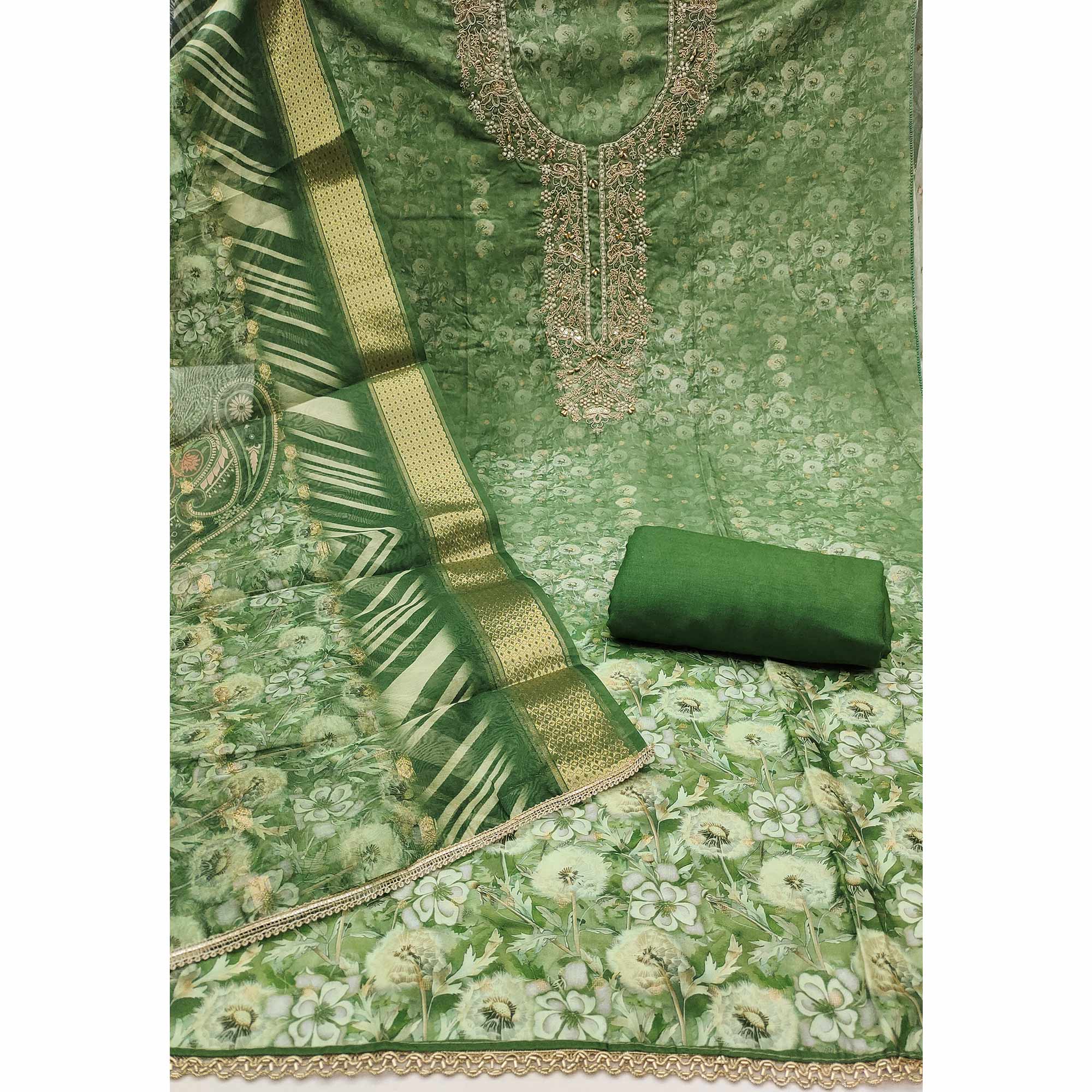 Green Banarasi Cotton Blend Dress Material With Floral Digital Print & Elegant Moti Handwork