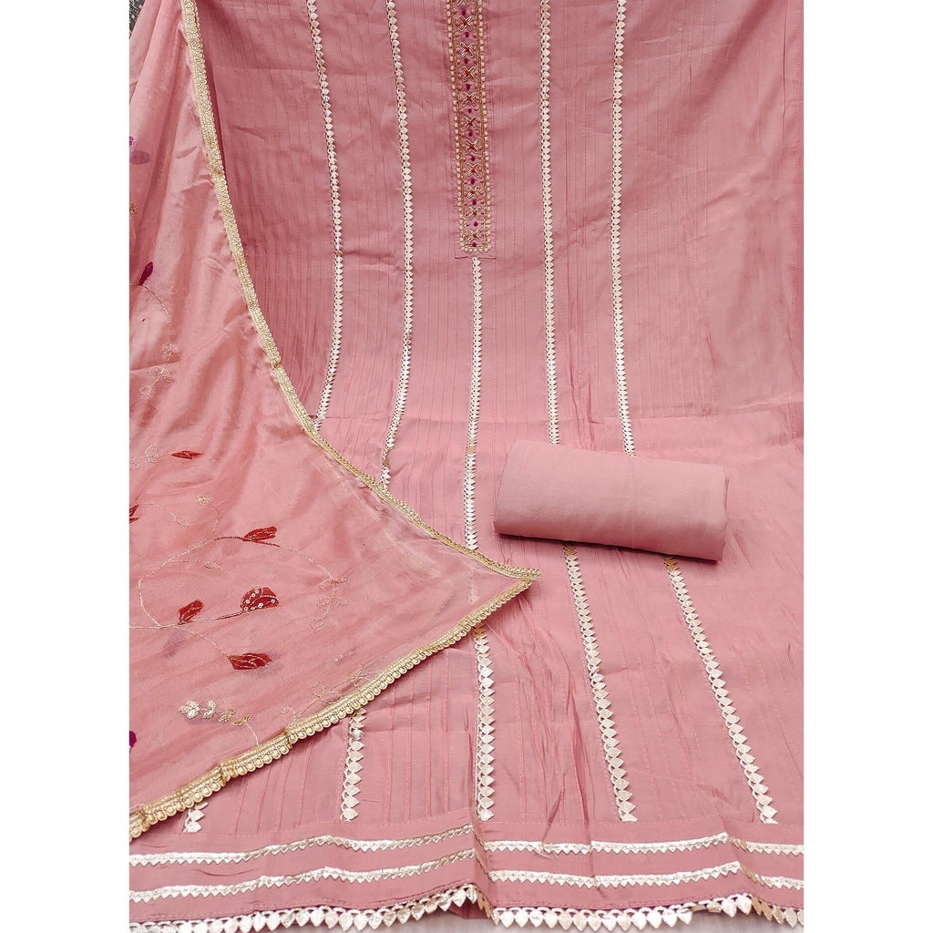 Peach Cotton Silk Dress Material Embellished With Elegant Moti Handwork & Delicate Gota Patti Lace