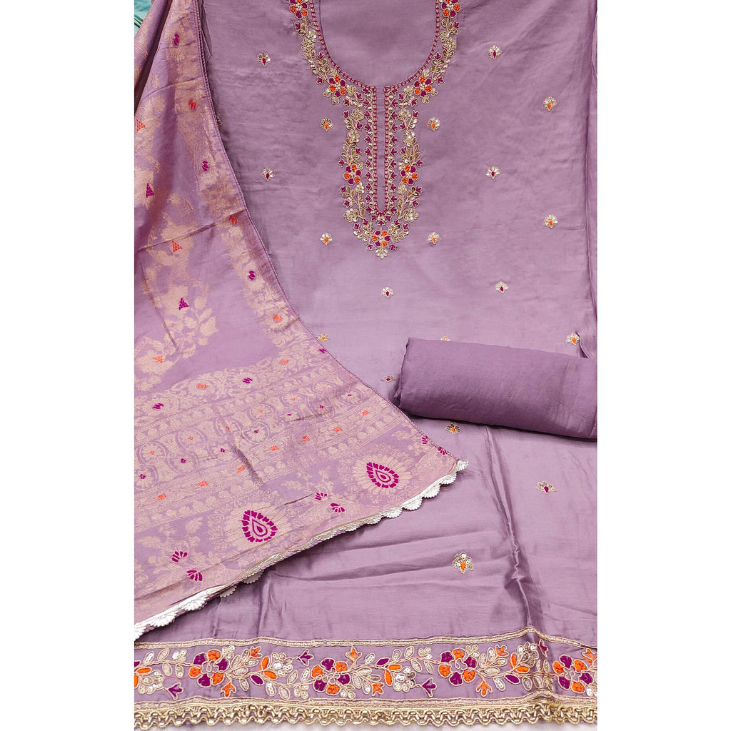 Lavender Pure Cotton Dress Material Featuring Floral Sequins Cording Embroidery With Moti Handwork