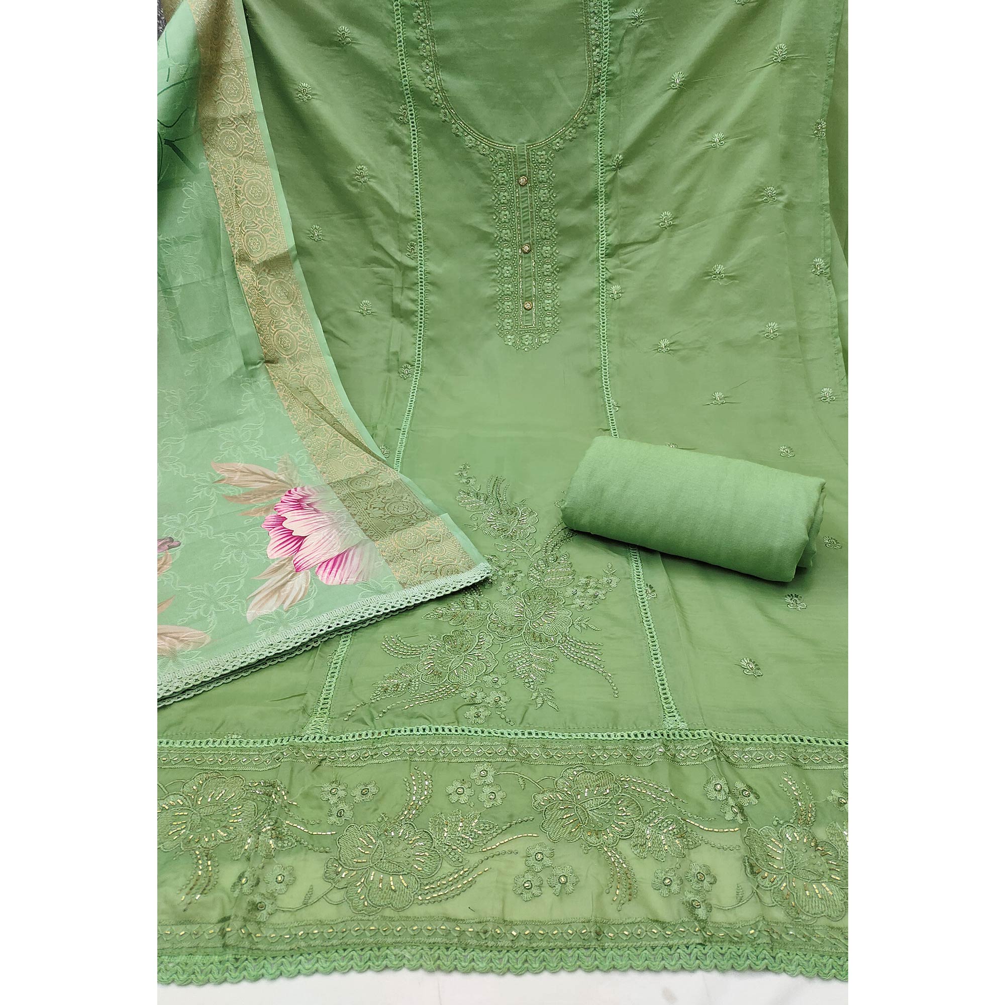 Green Organza Dress Material Adorned With Floral Thread Embroidery & Elegant Handwork