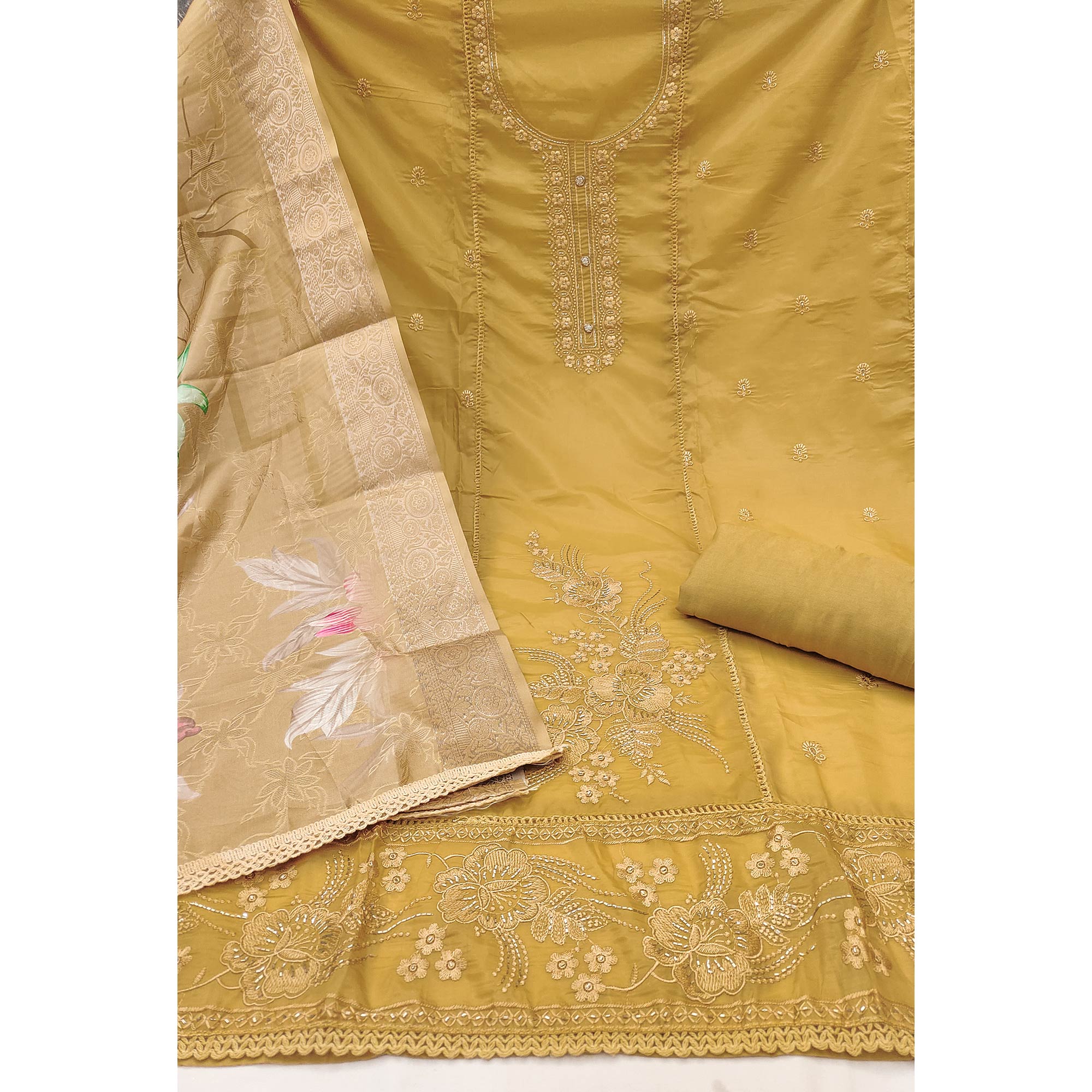 Mustard Organza Dress Material Adorned With Floral Thread Embroidery & Elegant Handwork