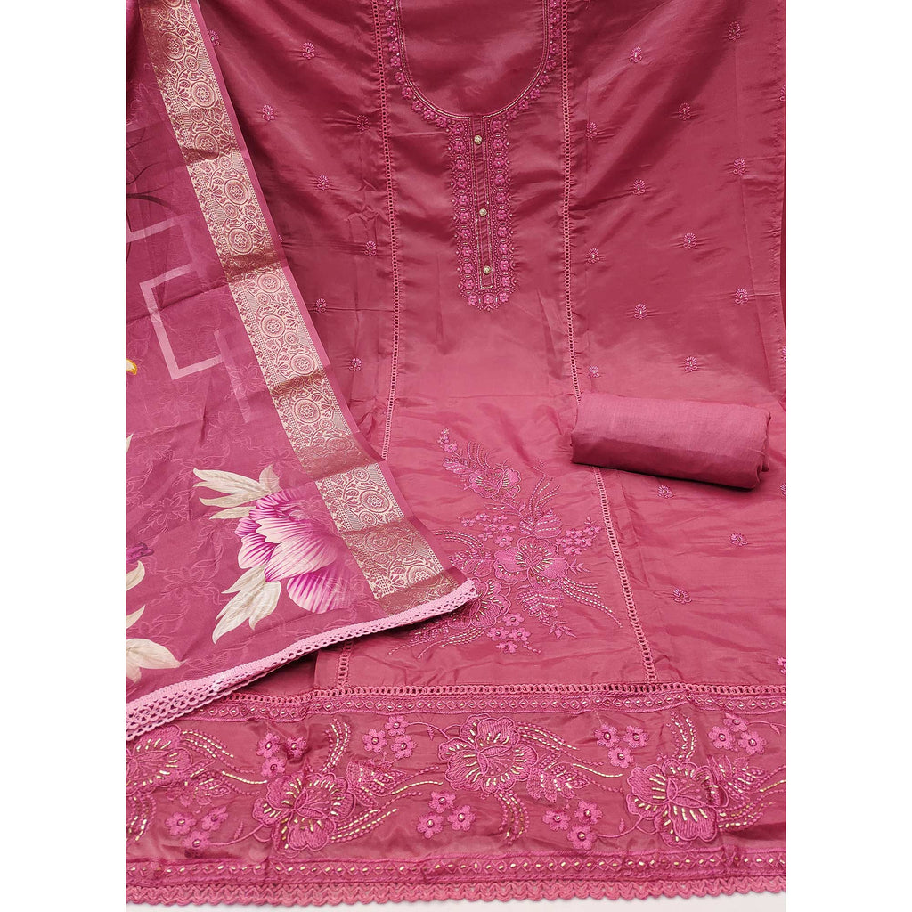 Pink Organza Dress Material Adorned With Floral Thread Embroidery & Elegant Handwork