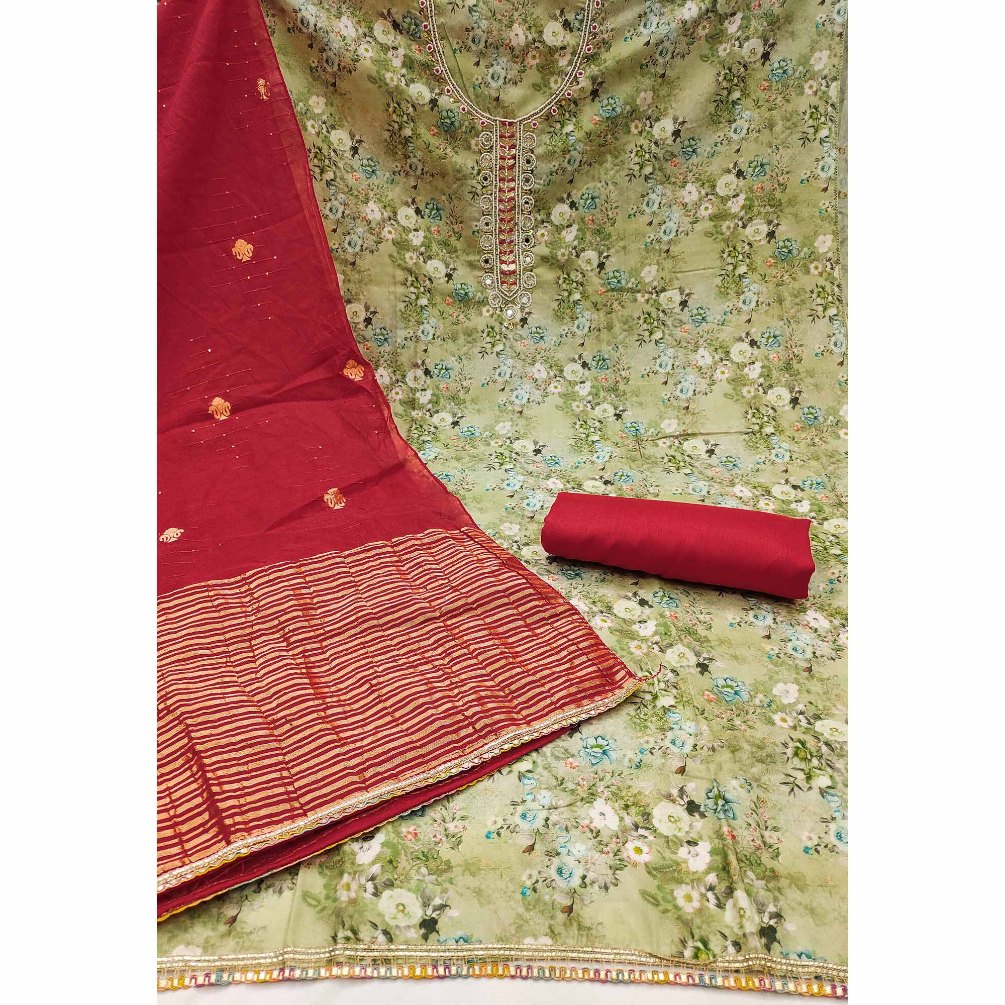 Green Floral Digital Printed Cotton Blend Dress Material Embellished With Moti Hand Embroidery