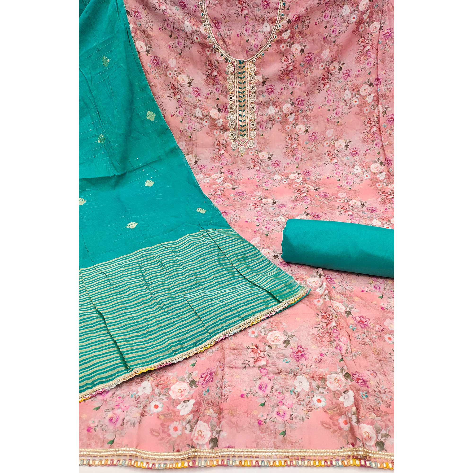 Light Pink Floral Digital Printed Cotton Blend Dress Material Embellished With Moti Hand Embroidery