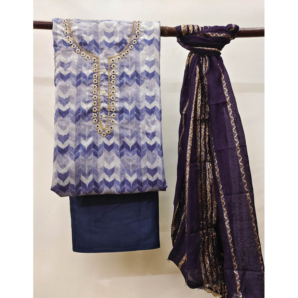 Blue Printed With Handwork Chanderi Silk Dress Material
