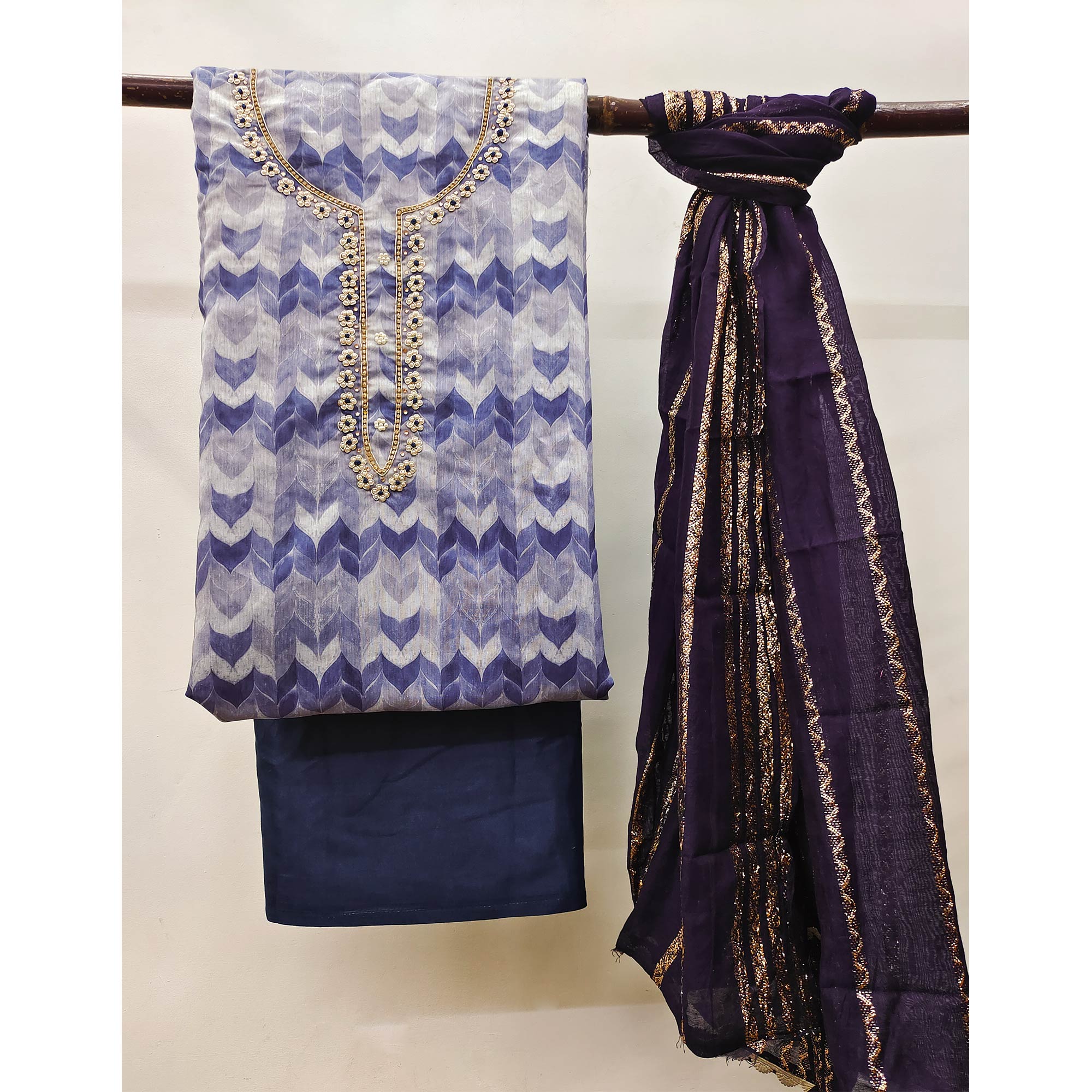 Blue Printed With Handwork Chanderi Silk Dress Material
