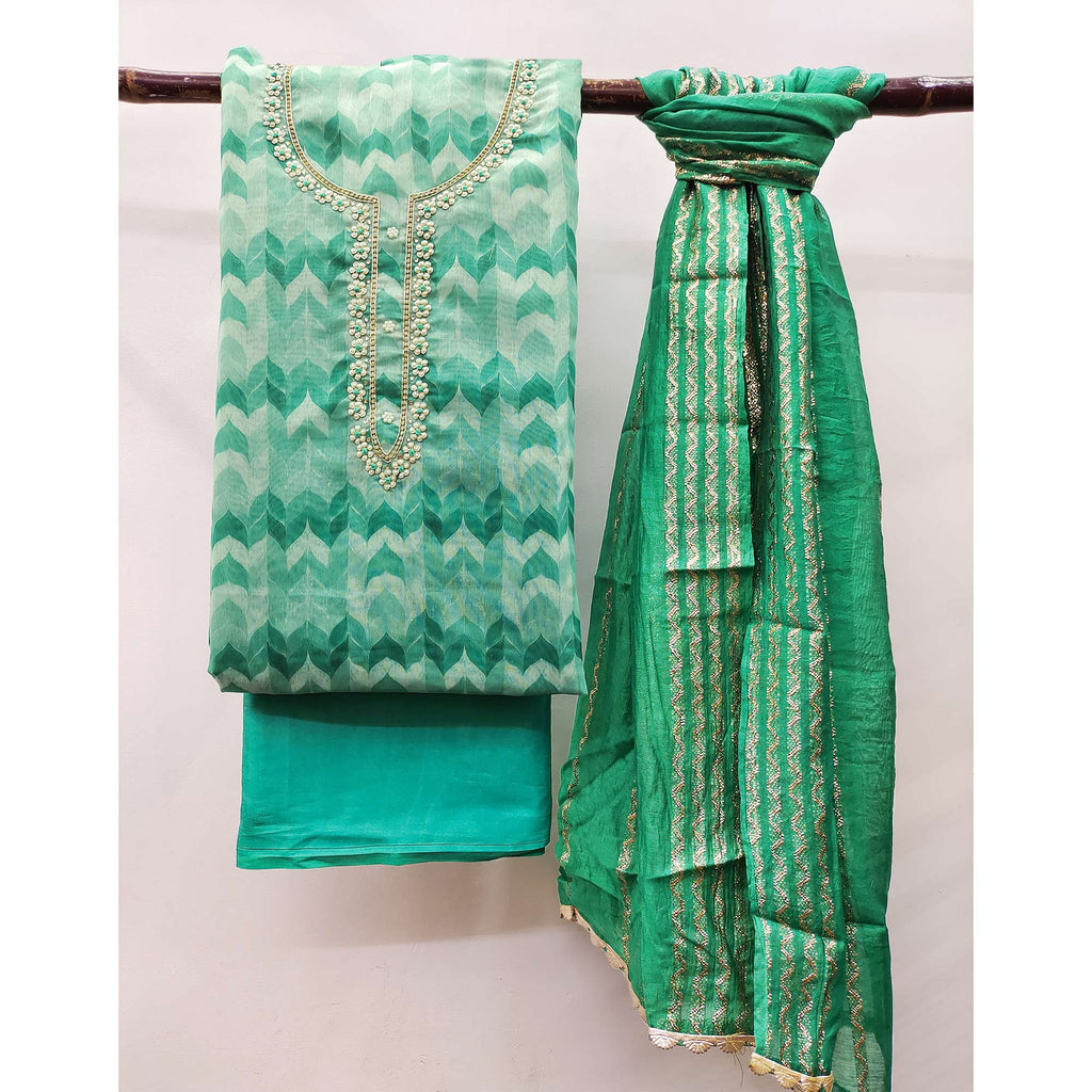 Green Printed With Handwork Chanderi Silk Dress Material