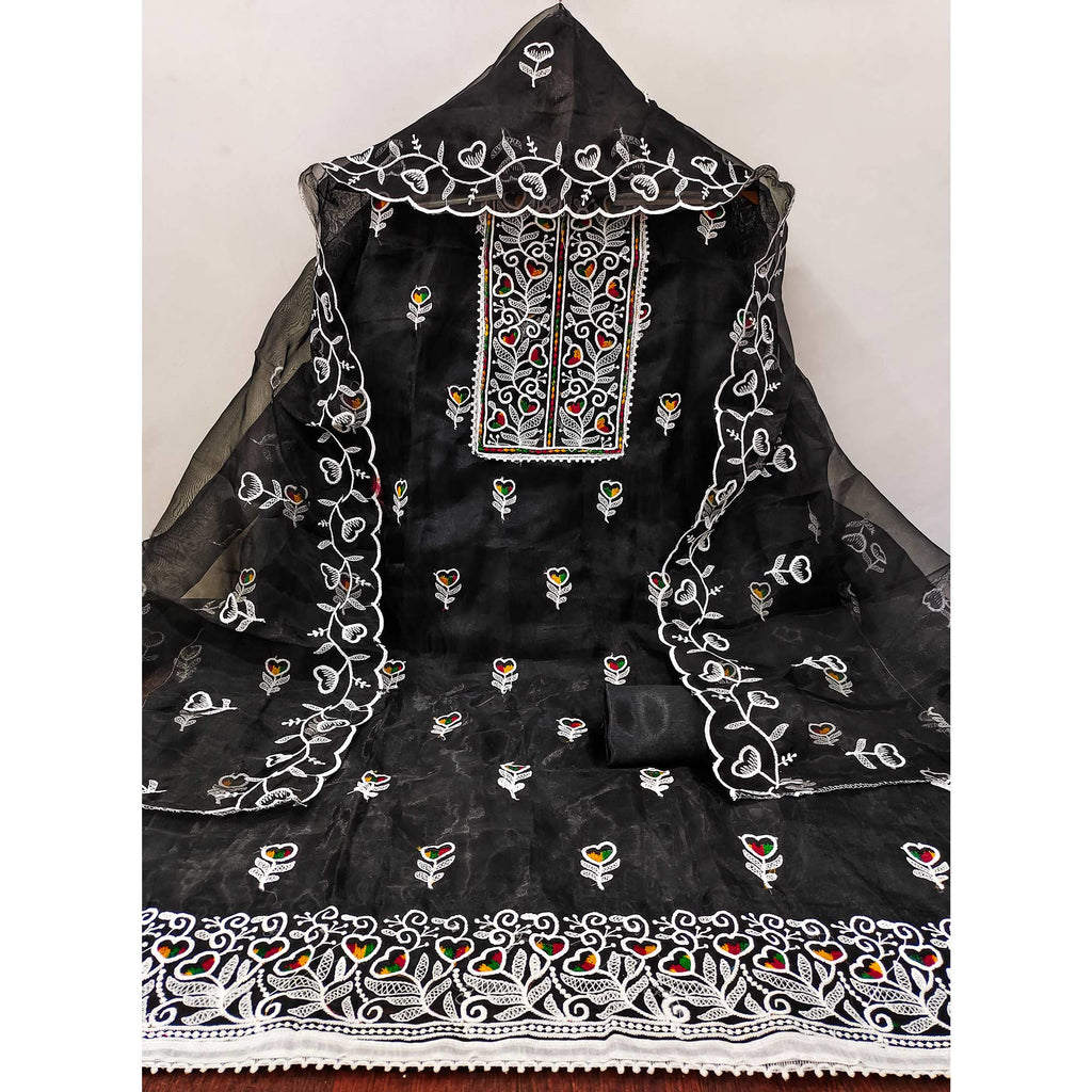Black Organza Dress Material With Intricate Floral Embroidery Work