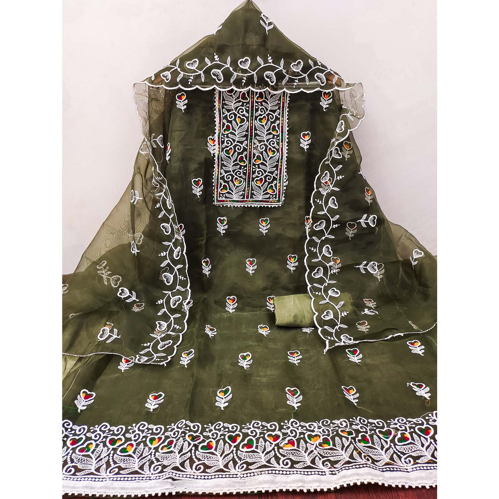 Mehendi Green Organza Dress Material With Intricate Floral Embroidery Work