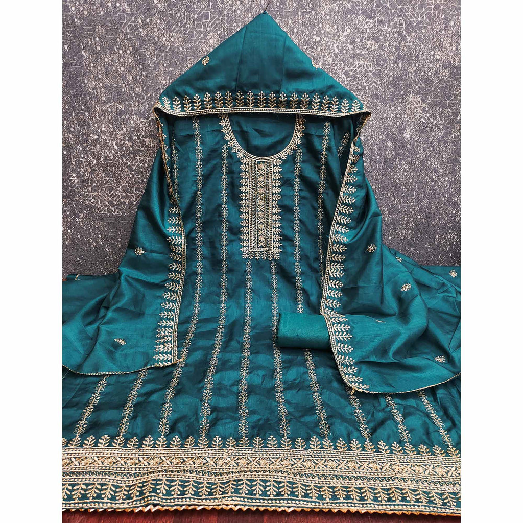 Morpich Blue Cotton Blend Dress Material with Delicate Floral Zari Embroidery