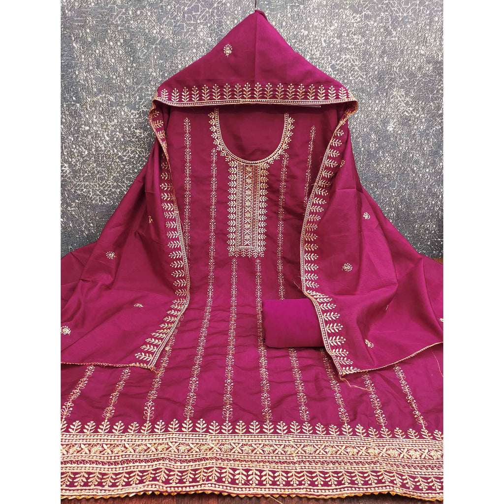 Pink Cotton Blend Dress Material with Delicate Floral Zari Embroidery