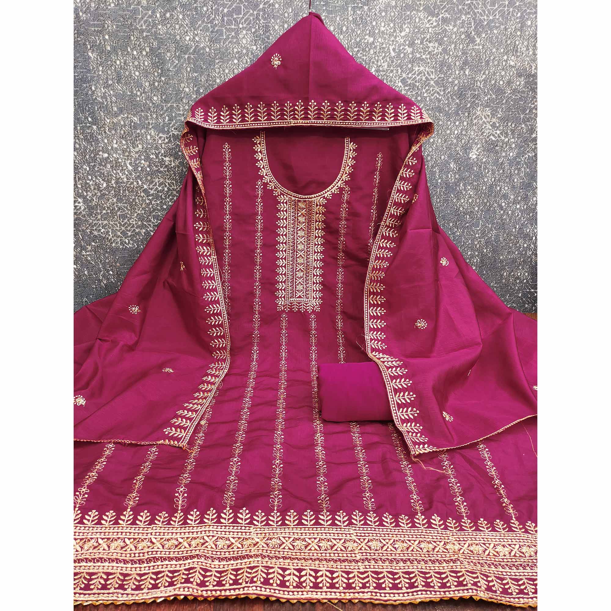 Pink Cotton Blend Dress Material with Delicate Floral Zari Embroidery