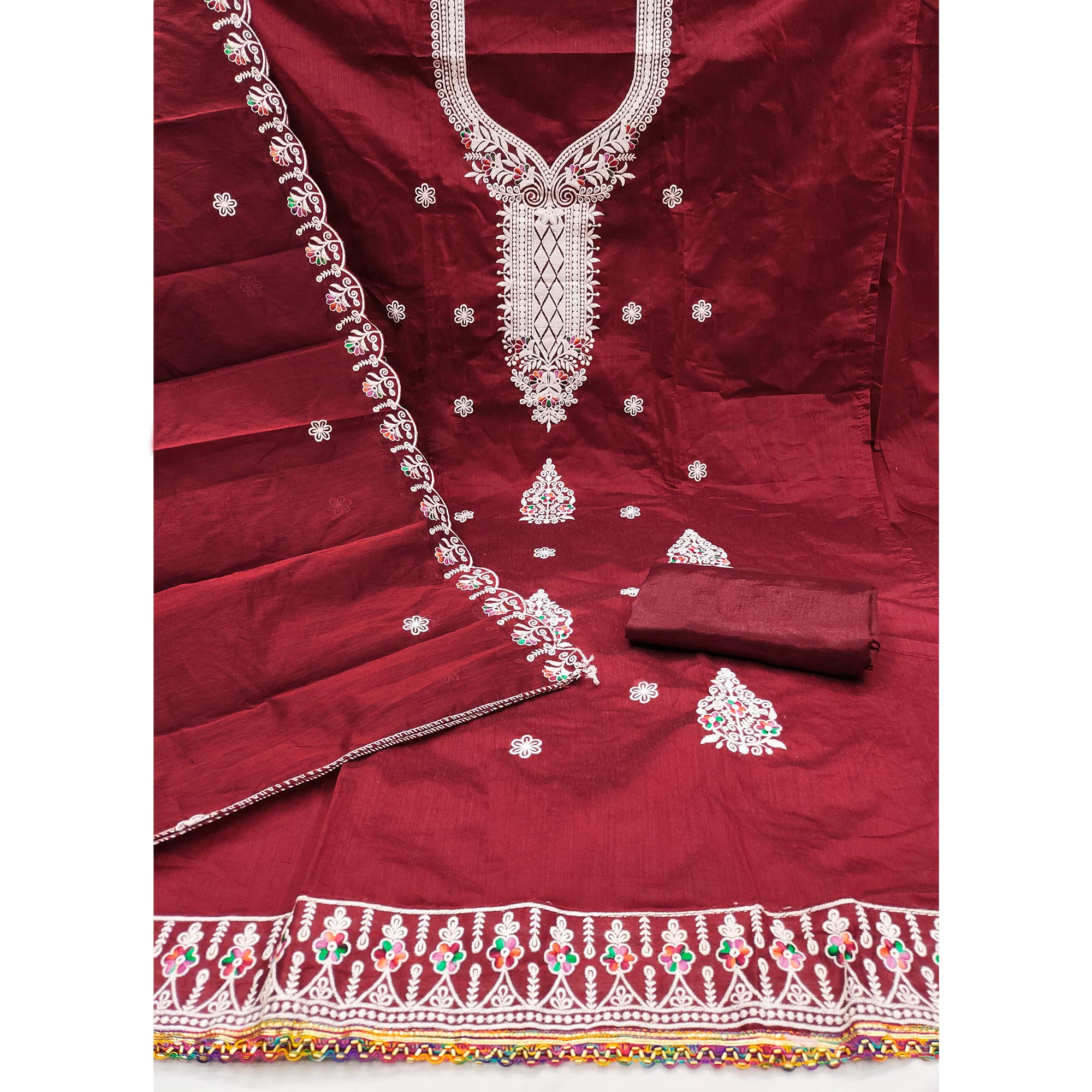 Maroon Cambric Cotton Dress Material With Elegant Floral Embroidery Work