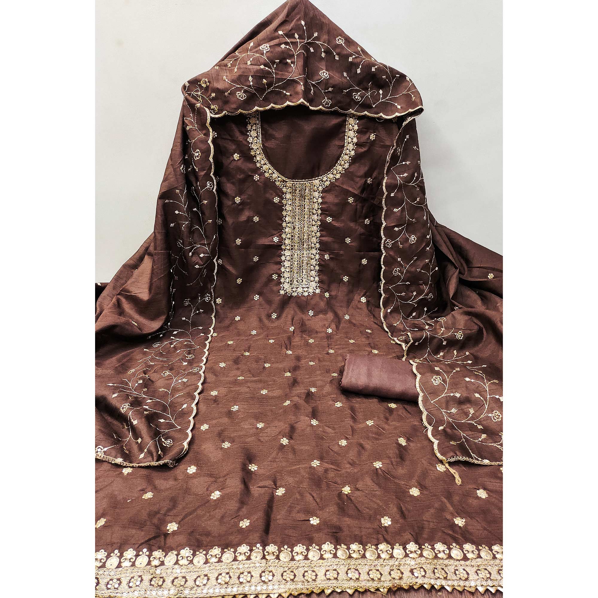 Brown Cotton Silk Unstitched Dress Material Featuring Delicate Jalpari Embroidery