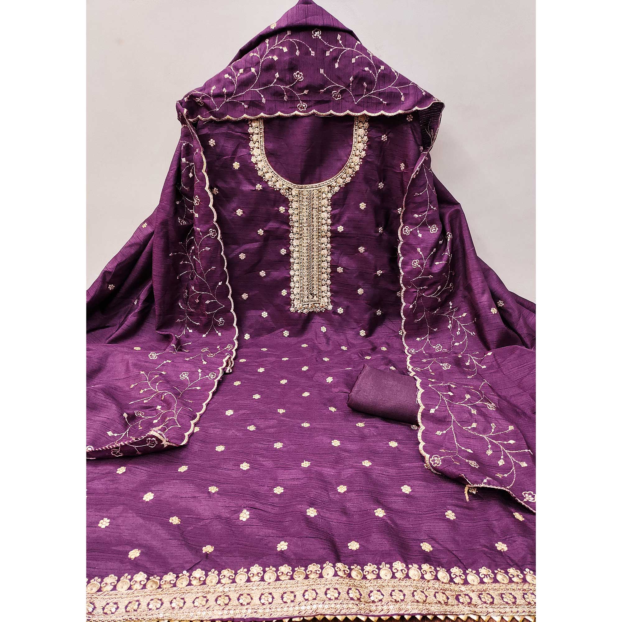 Dark Purple Cotton Silk Unstitched Dress Material Featuring Delicate Jalpari Embroidery