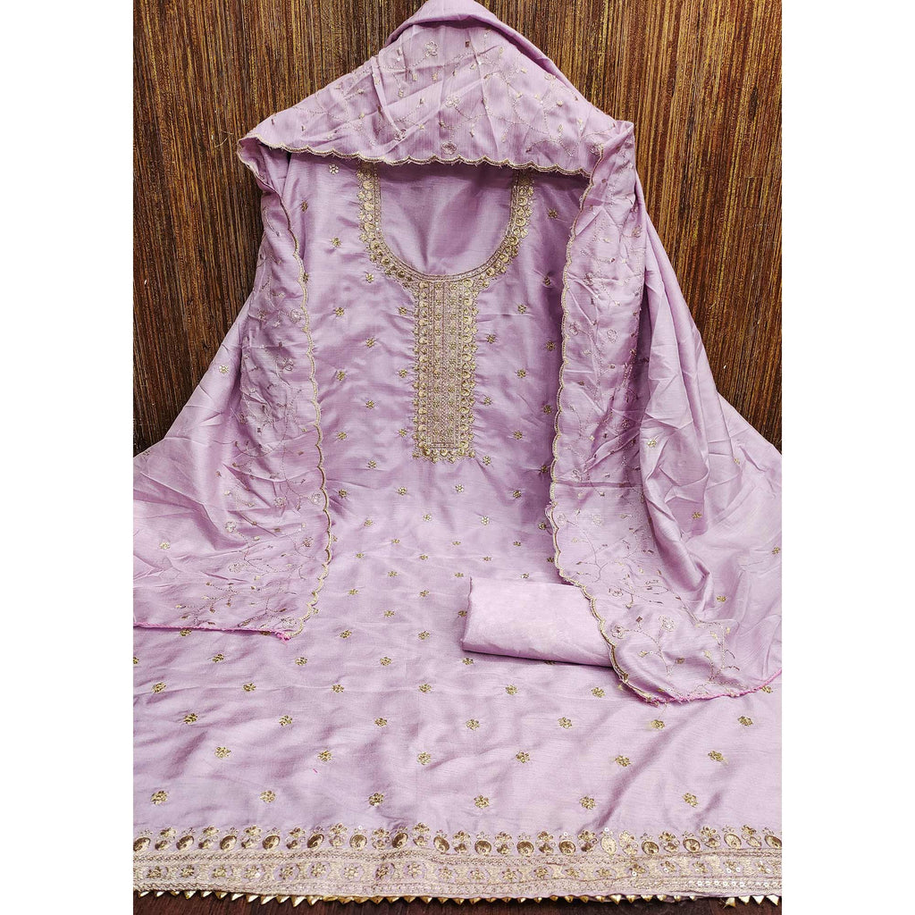 Lavender Cotton Silk Unstitched Dress Material Featuring Delicate Jalpari Embroidery